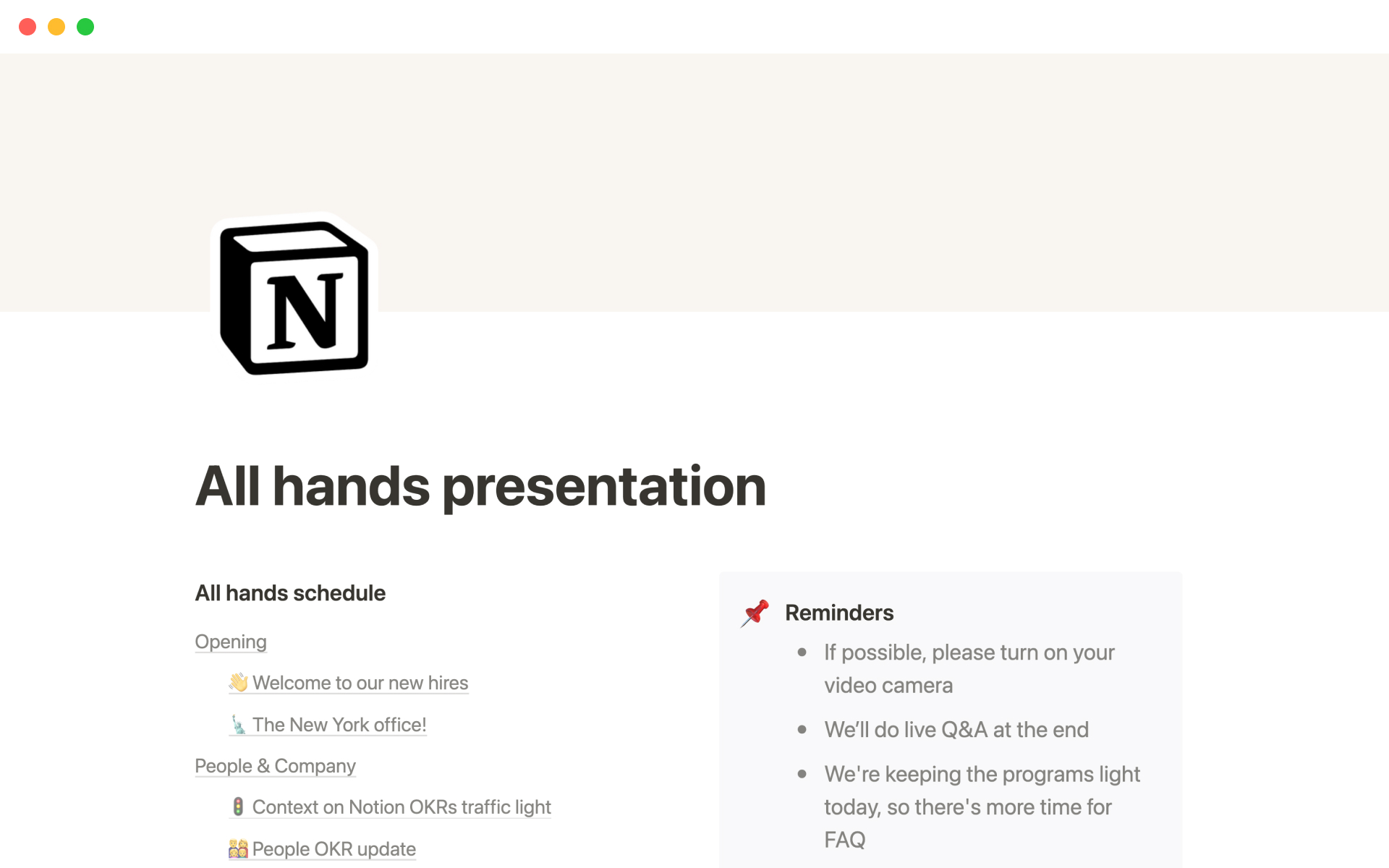 Notion's all hands presentationのテンプレートのプレビュー