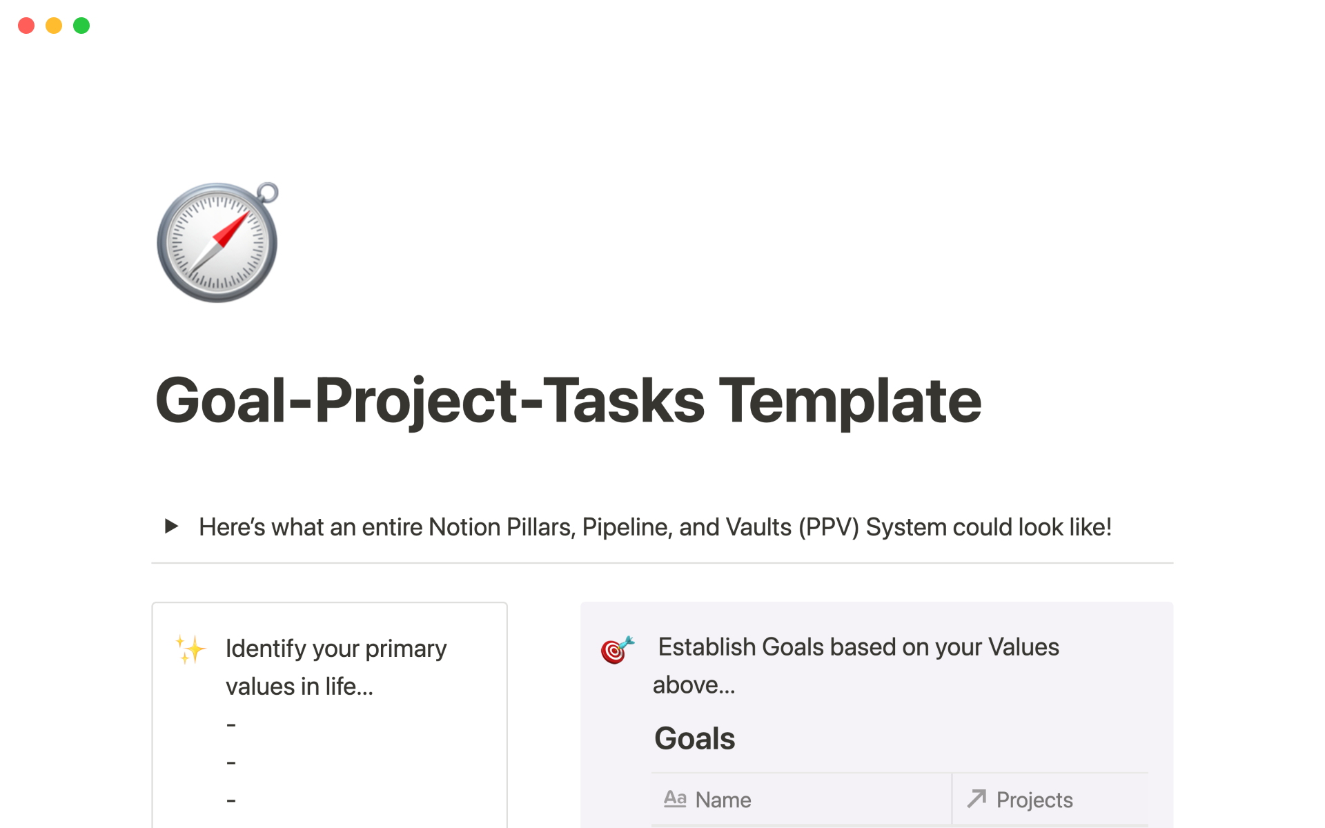 Eine Vorlagenvorschau für Goal-Project-Tasks Template
