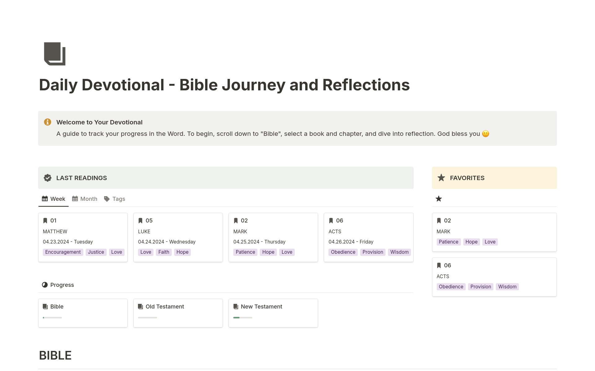 Devotional Diary with a record for biblical reflections, organized by testament, reading tracking, favorites, visual progress identification, and automated logs. Transform your devotional practice into an intimate and organized journey.