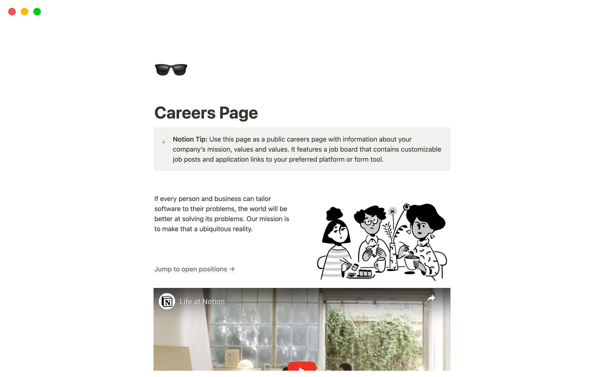 Eine Vorlagenvorschau für Careers Page