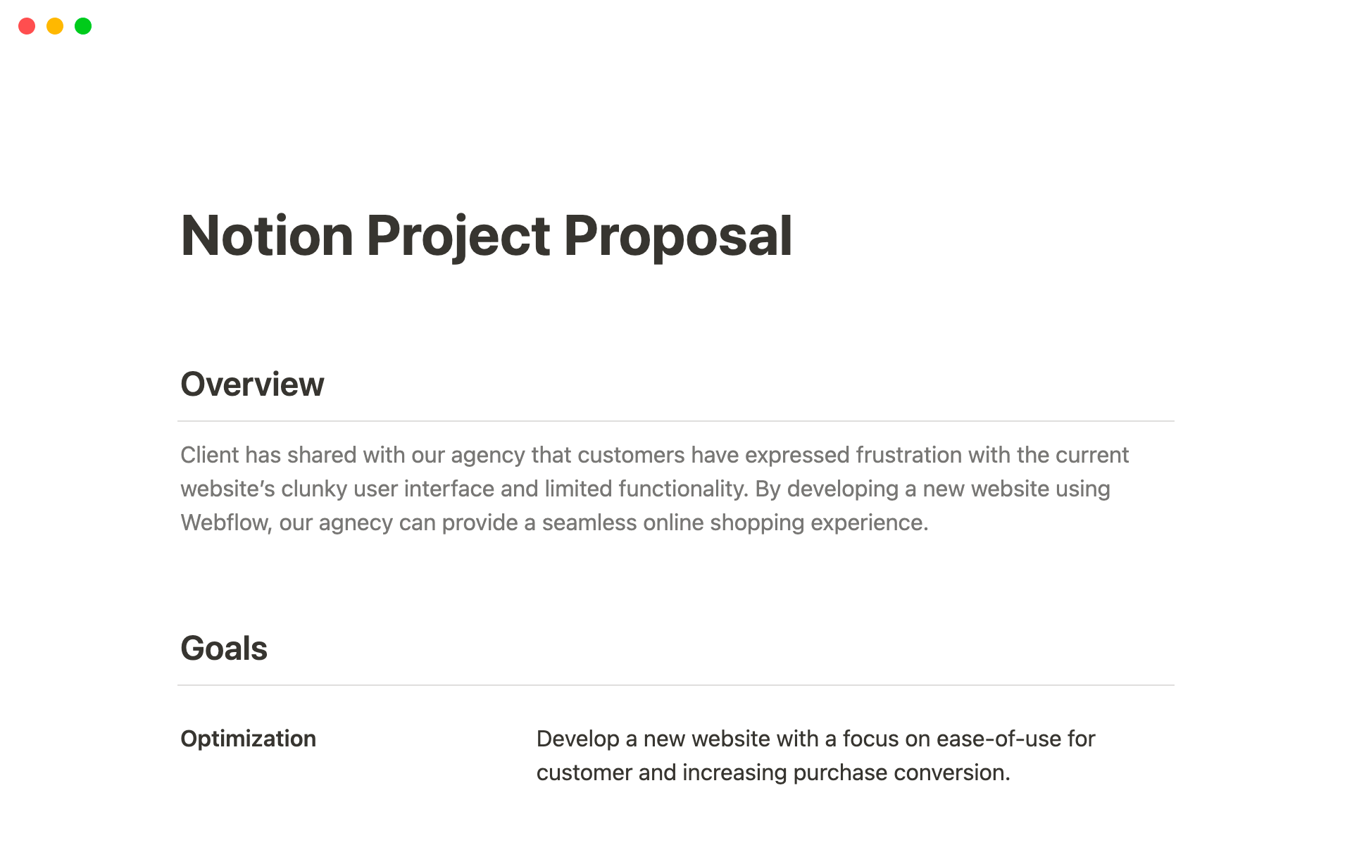Eine Vorlagenvorschau für Notion Project Proposal