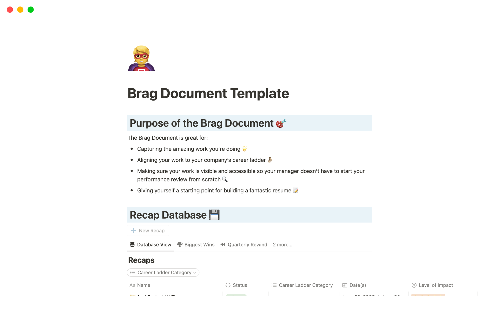 A template preview for Brag Document Template