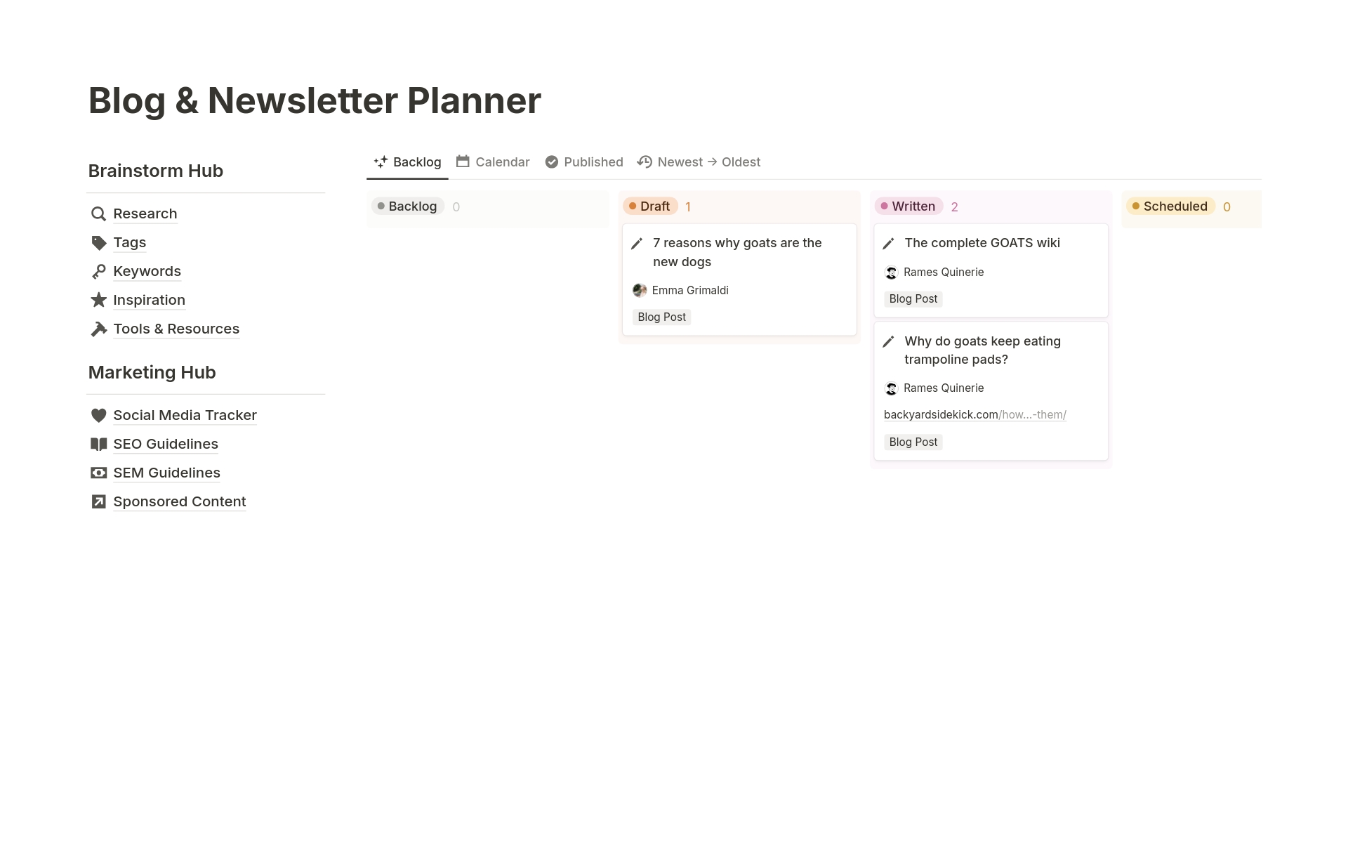 Aperçu du modèle de Blog / Newsletter Planner