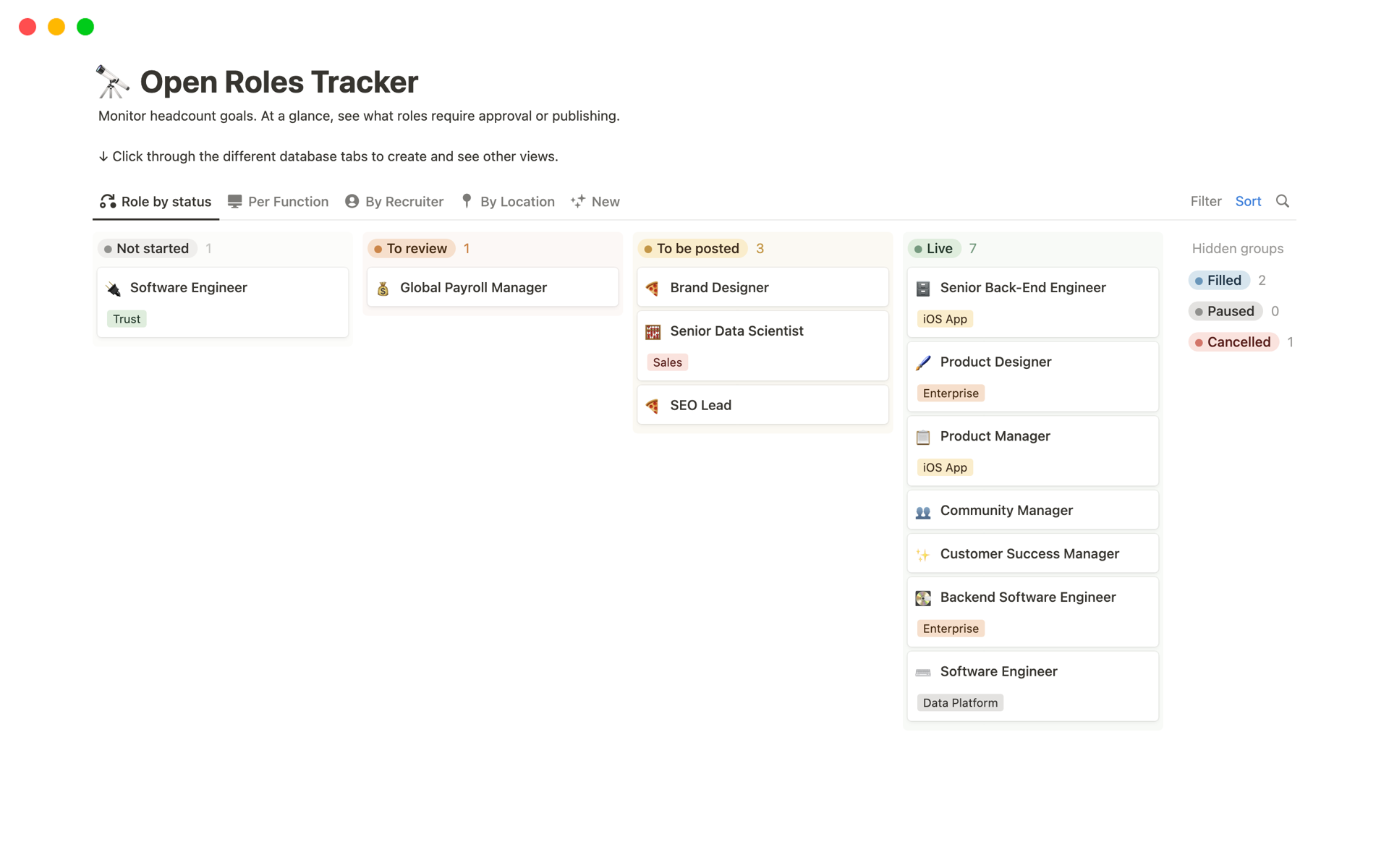 A template preview for Open Roles Tracker