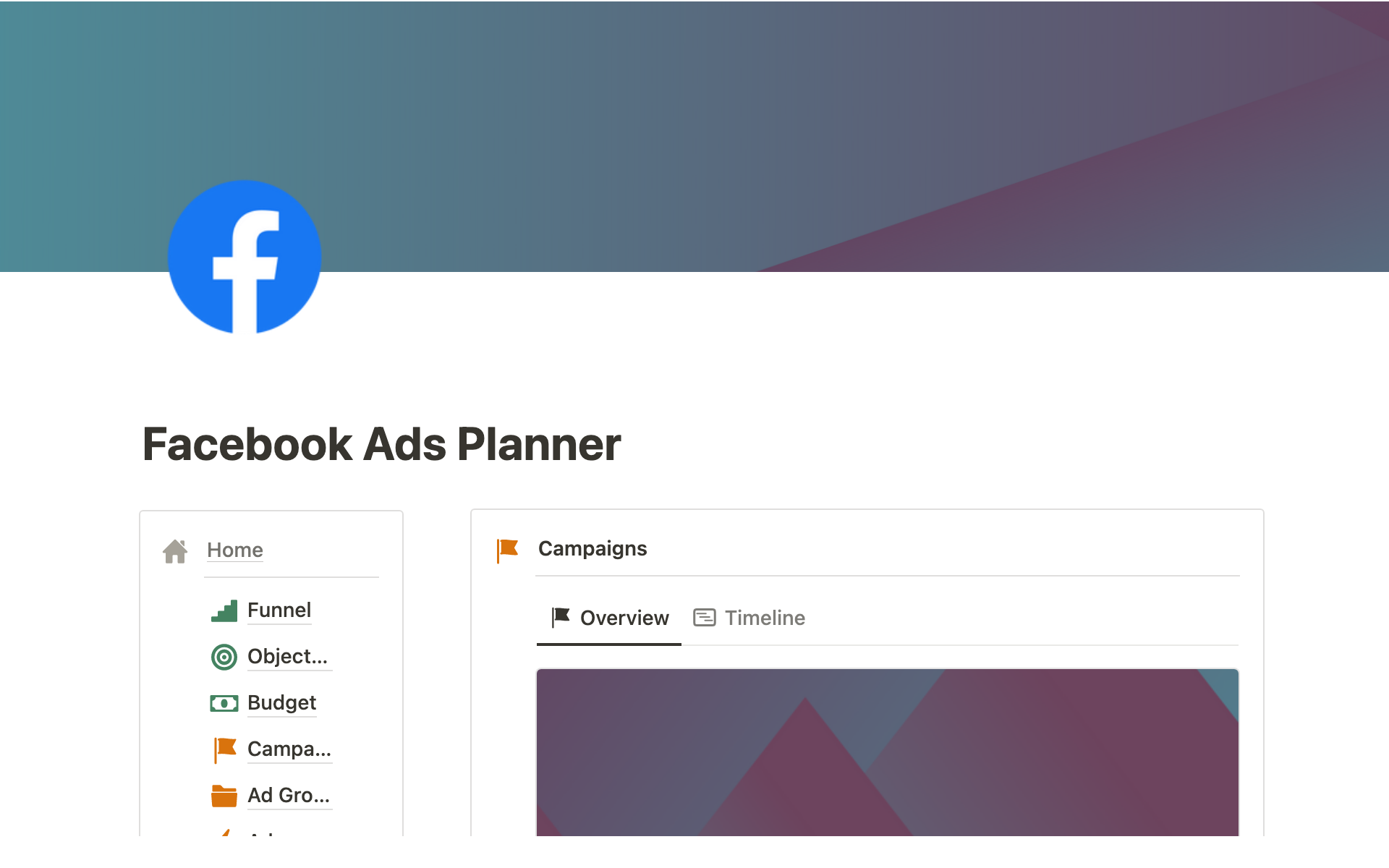Lets you plan your Facebook (Meta) ad campaigns from A to Z in Notion.