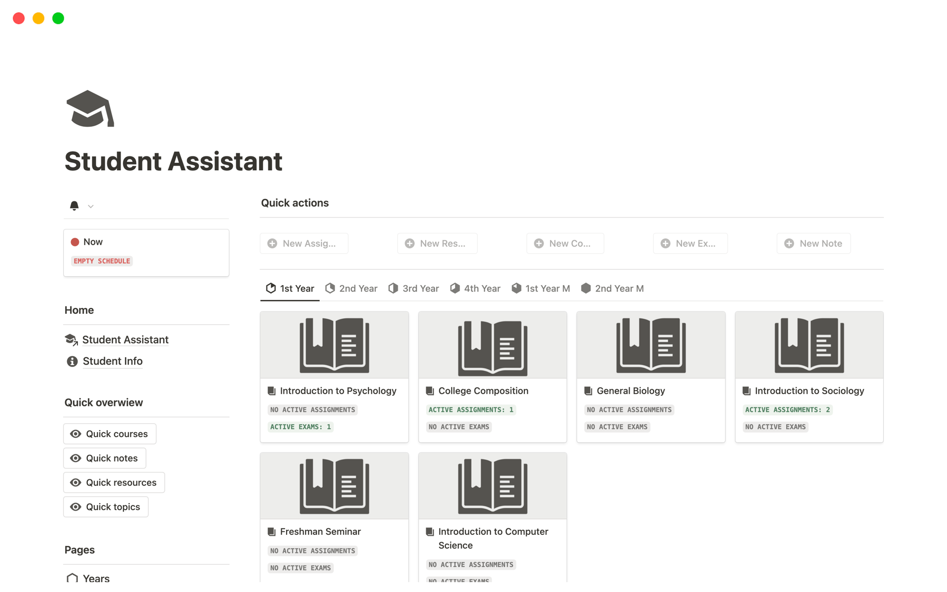 Student Assistant is a template where you can conveniently manage your student routine: assignments, exams, notes & resources, schedule, tuition tracking - all in one place.
