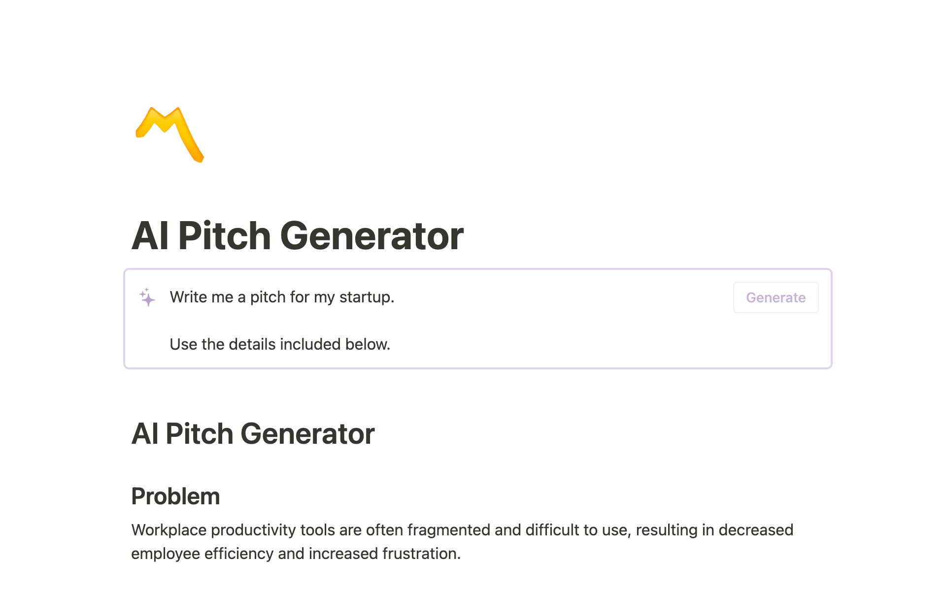 A template preview for AI Pitch Generator