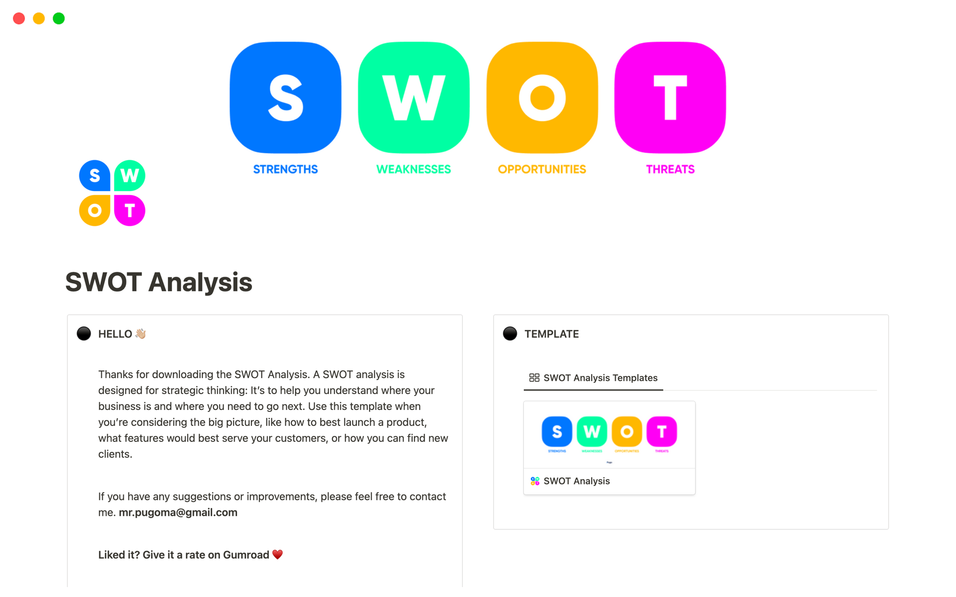 Eine Vorlagenvorschau für SWOT Analysis