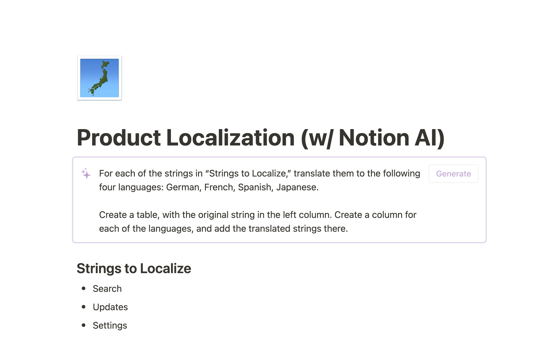 Product Localization (w/ Notion AI)のテンプレートのプレビュー