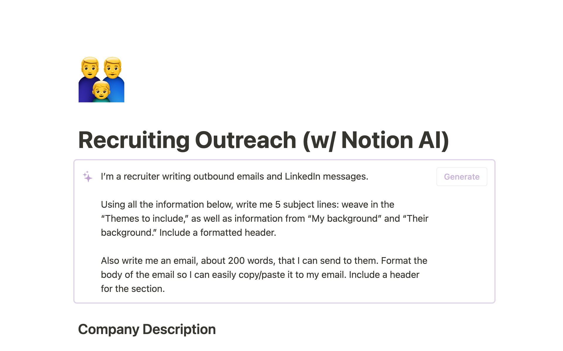 Eine Vorlagenvorschau für Recruiting Outreach (w/ Notion AI)