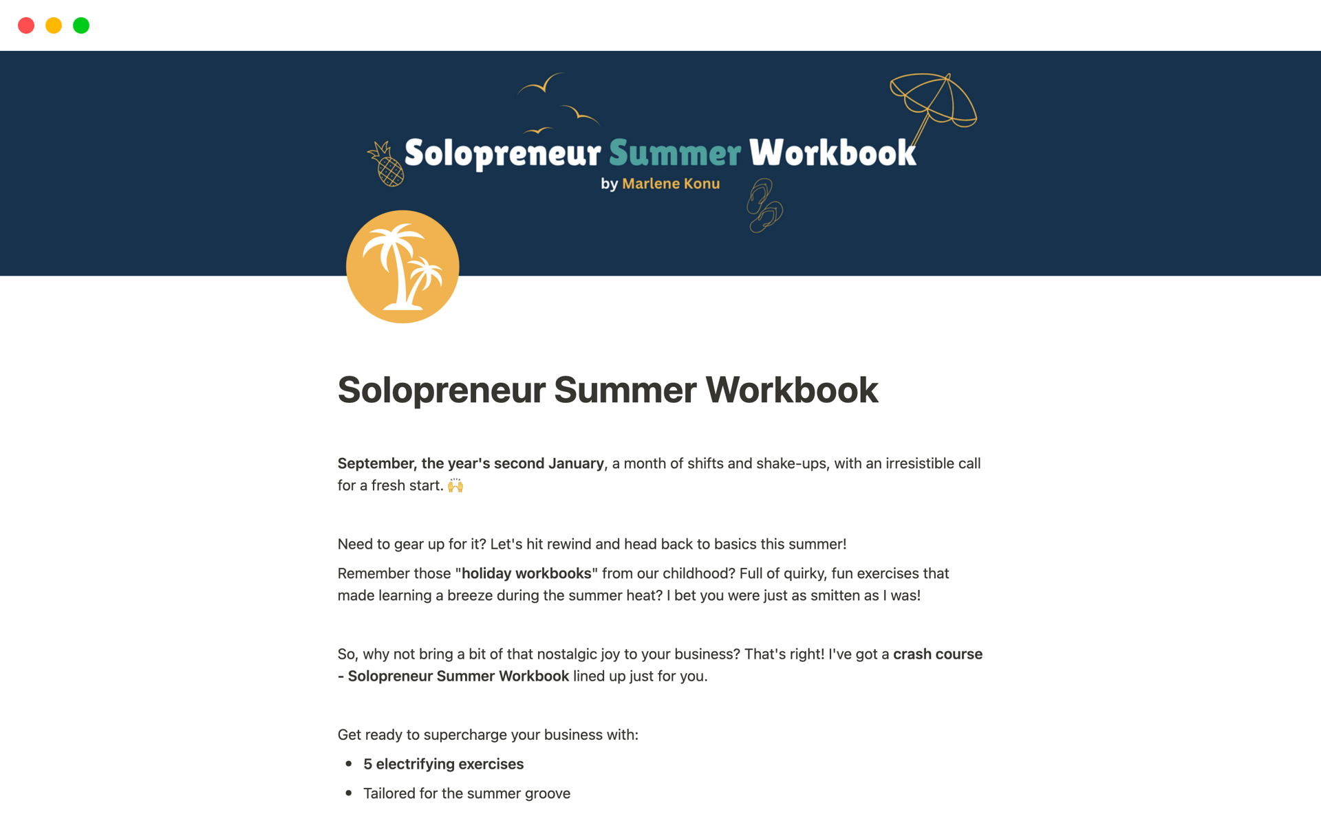 Eine Vorlagenvorschau für Solopreneur Summer Workbook