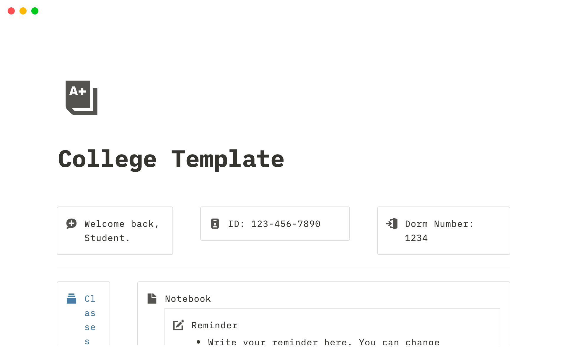 A template preview for Minimal College Assignments Organizer