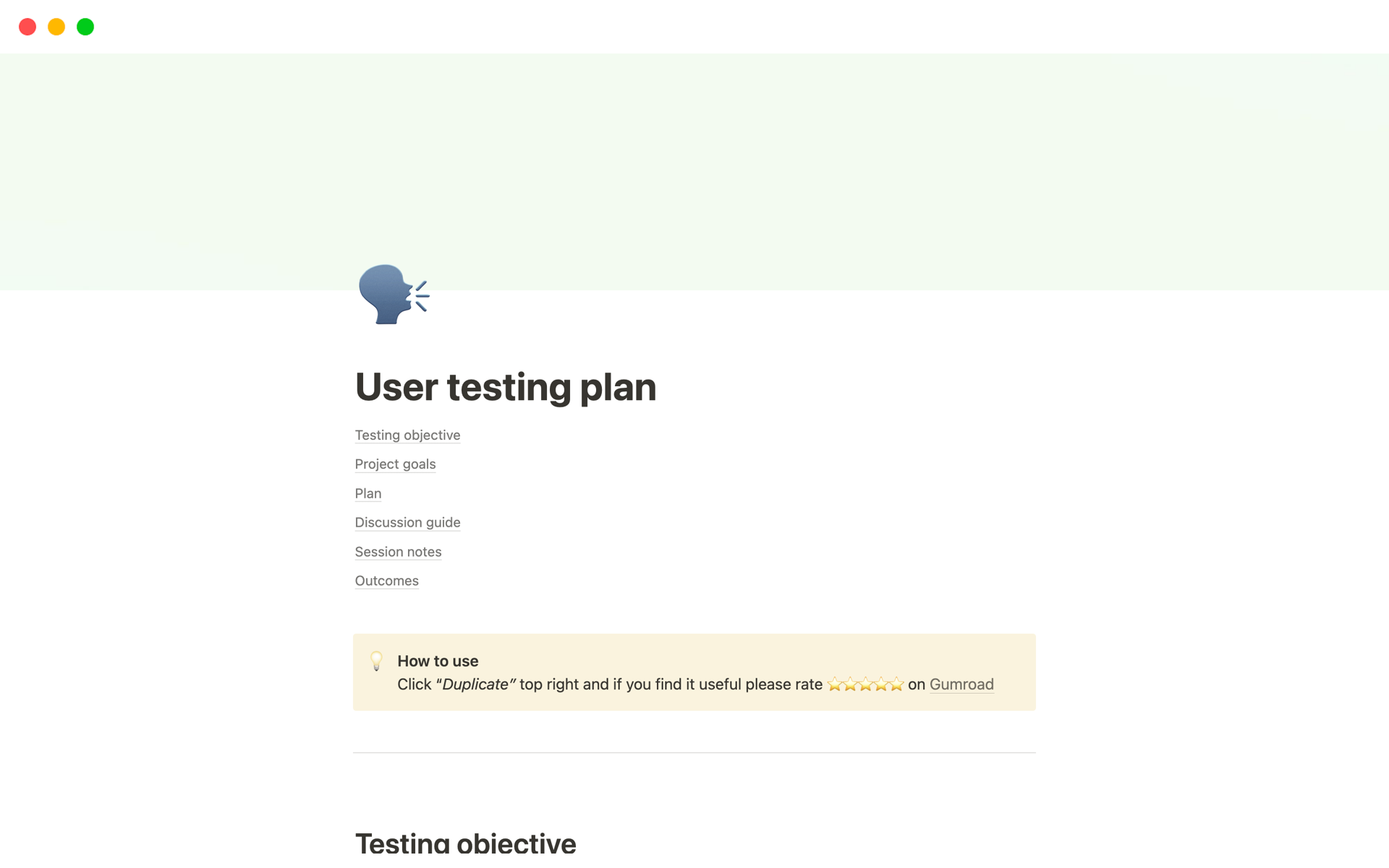 Eine Vorlagenvorschau für User Testing Plan + Script