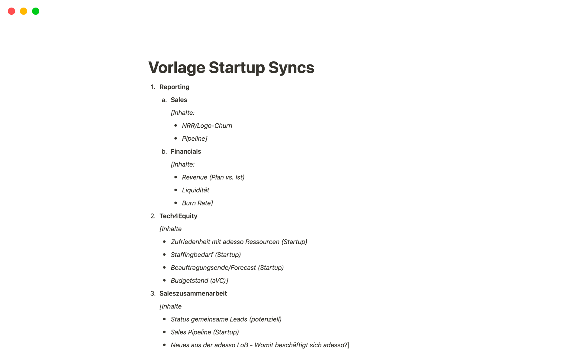 A template preview for Vorlage an Start-up Syncs