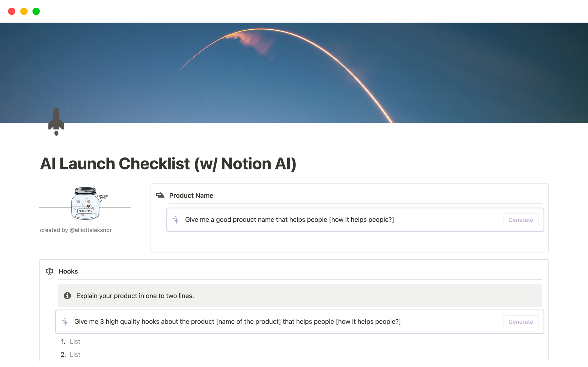 Aperçu du modèle de AI Launch Checklist (w/ Notion AI)