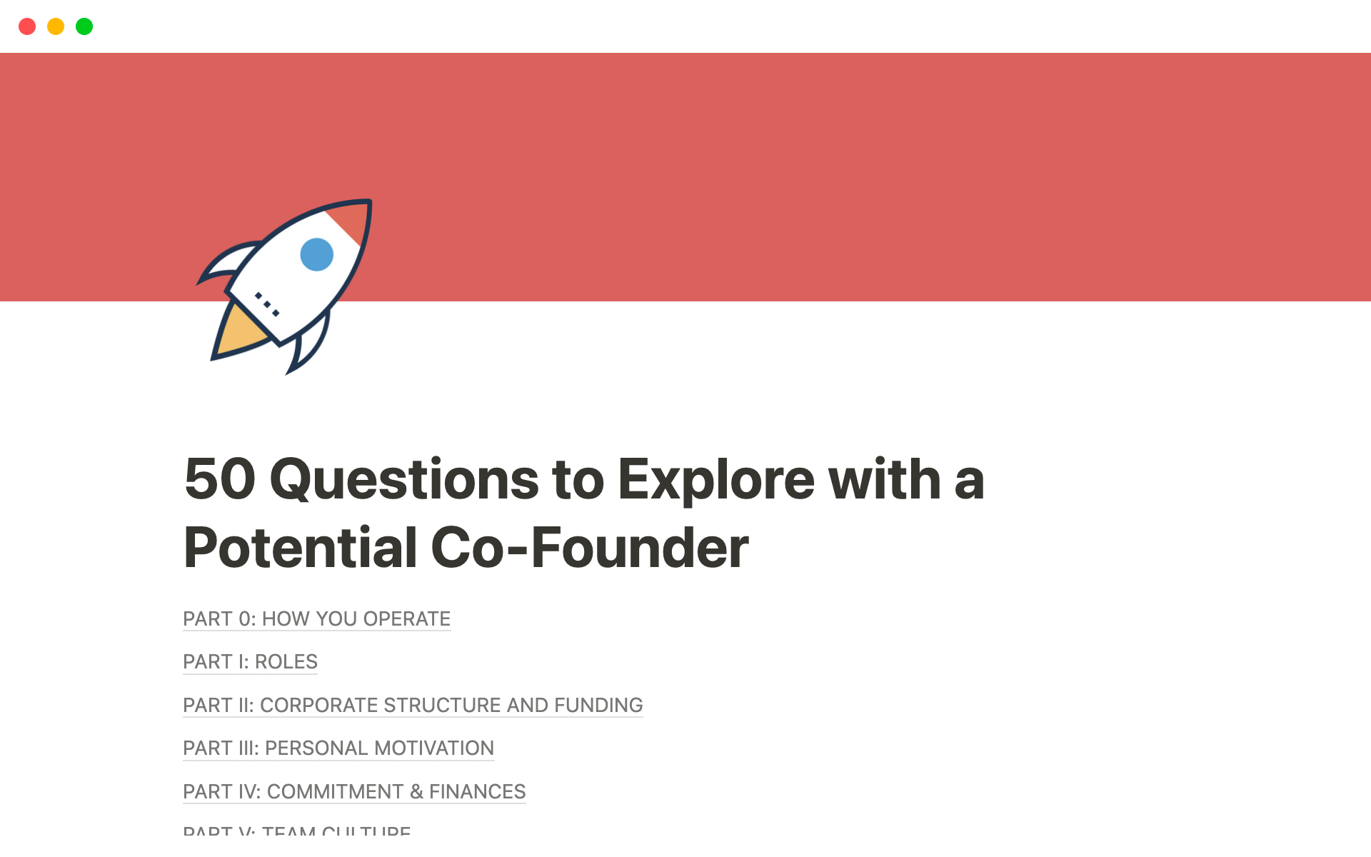 Eine Vorlagenvorschau für 50 Questions to Explore with a Potential Co-Founder