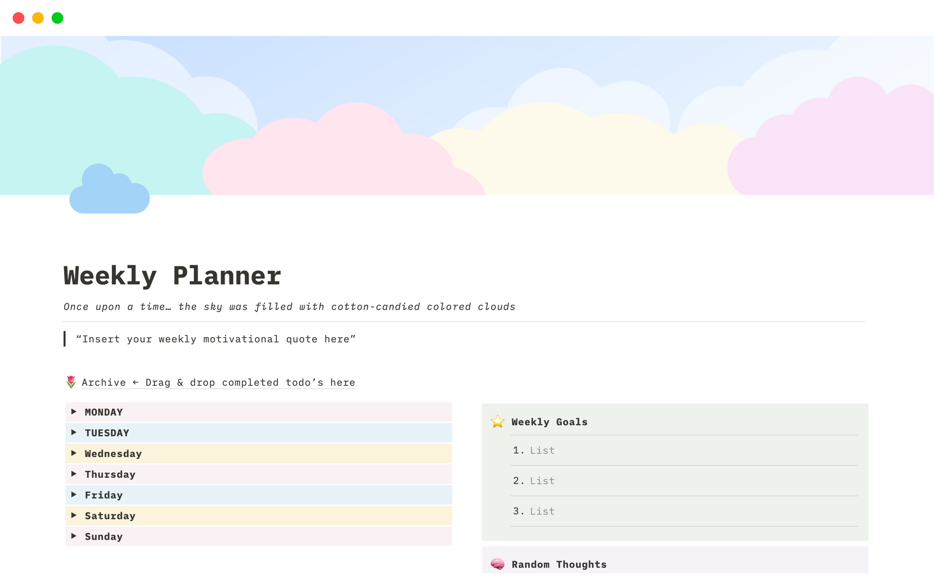 Cotton Candy Clouds Weekly Plannerのテンプレートのプレビュー