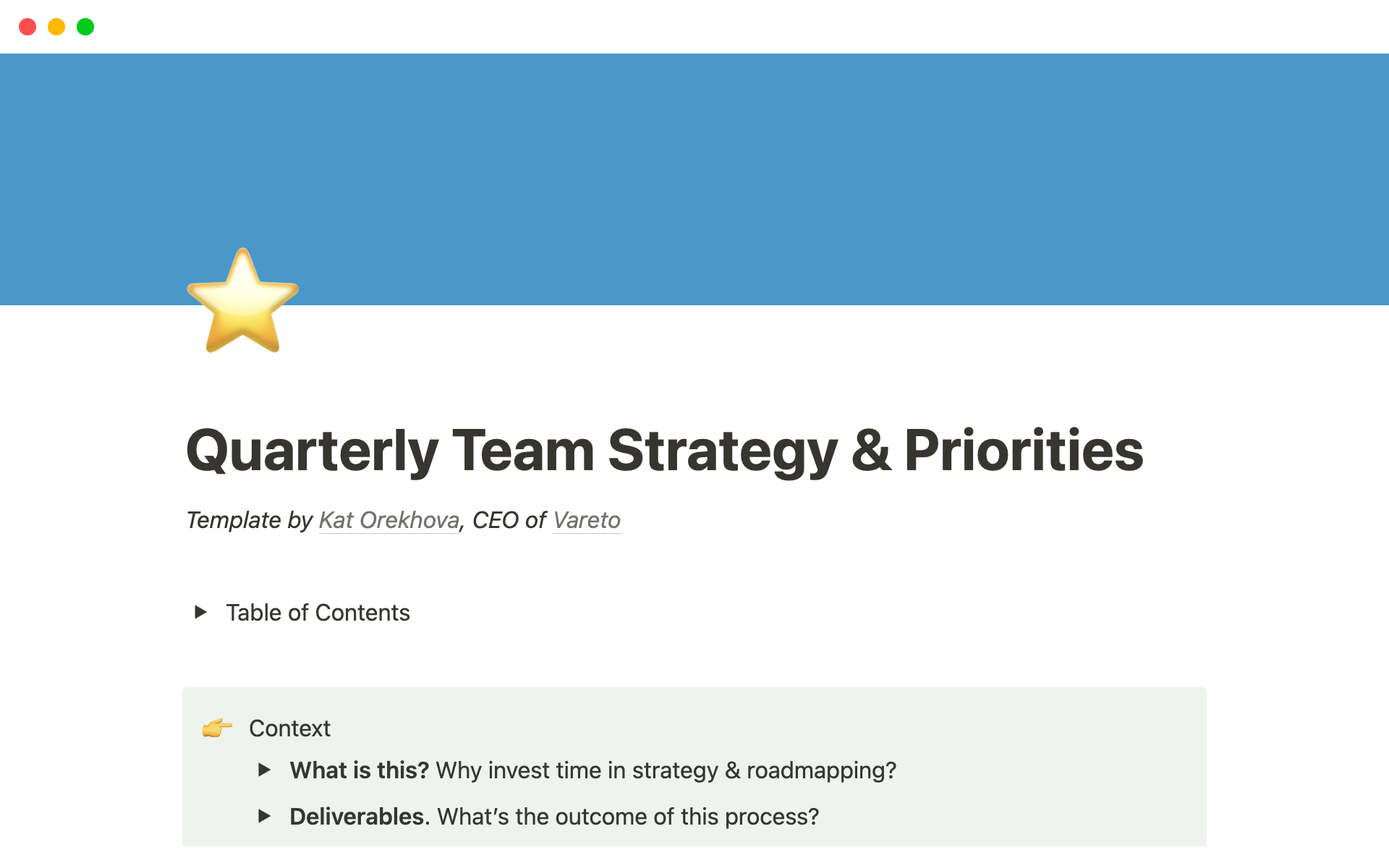 Quarterly Strategy & Priorities Docのテンプレートのプレビュー