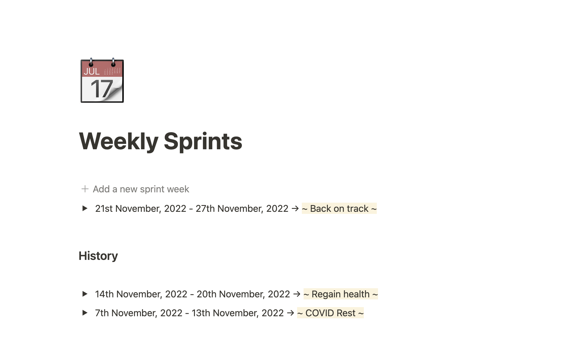 Aperçu du modèle de Weekly Sprints