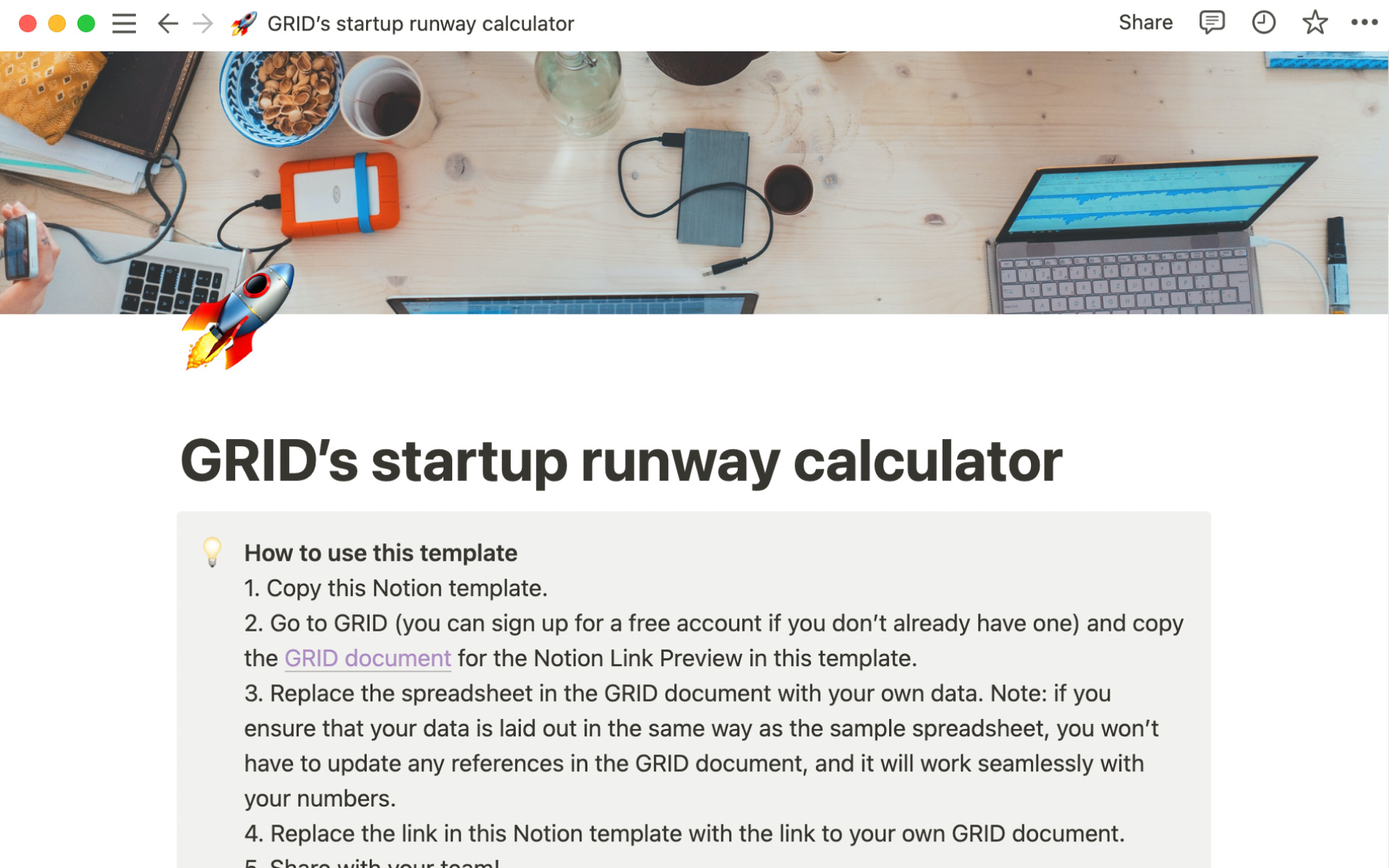 Eine Vorlagenvorschau für GRID’s startup runway calculator