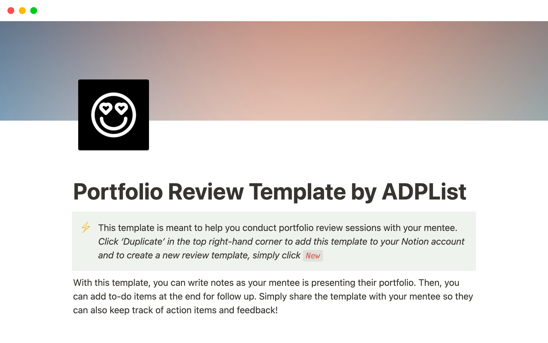 A template preview for Portfolio Review Template by ADPList
