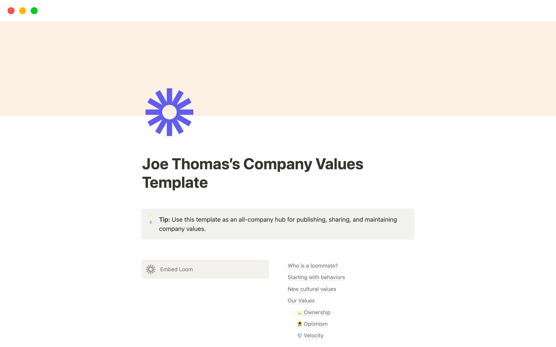 Eine Vorlagenvorschau für Company Values Hub