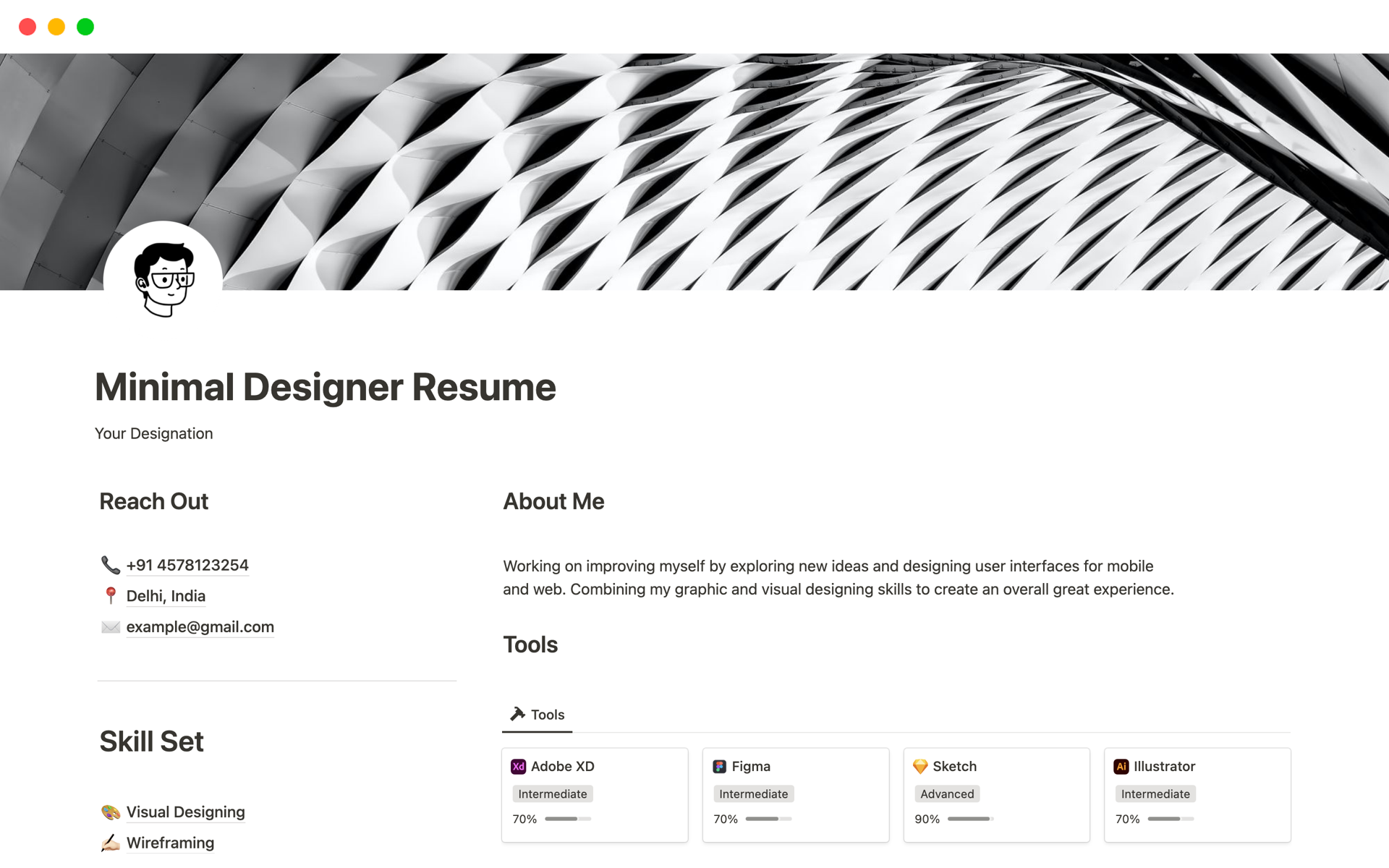 Minimal Designer Resumeのテンプレートのプレビュー