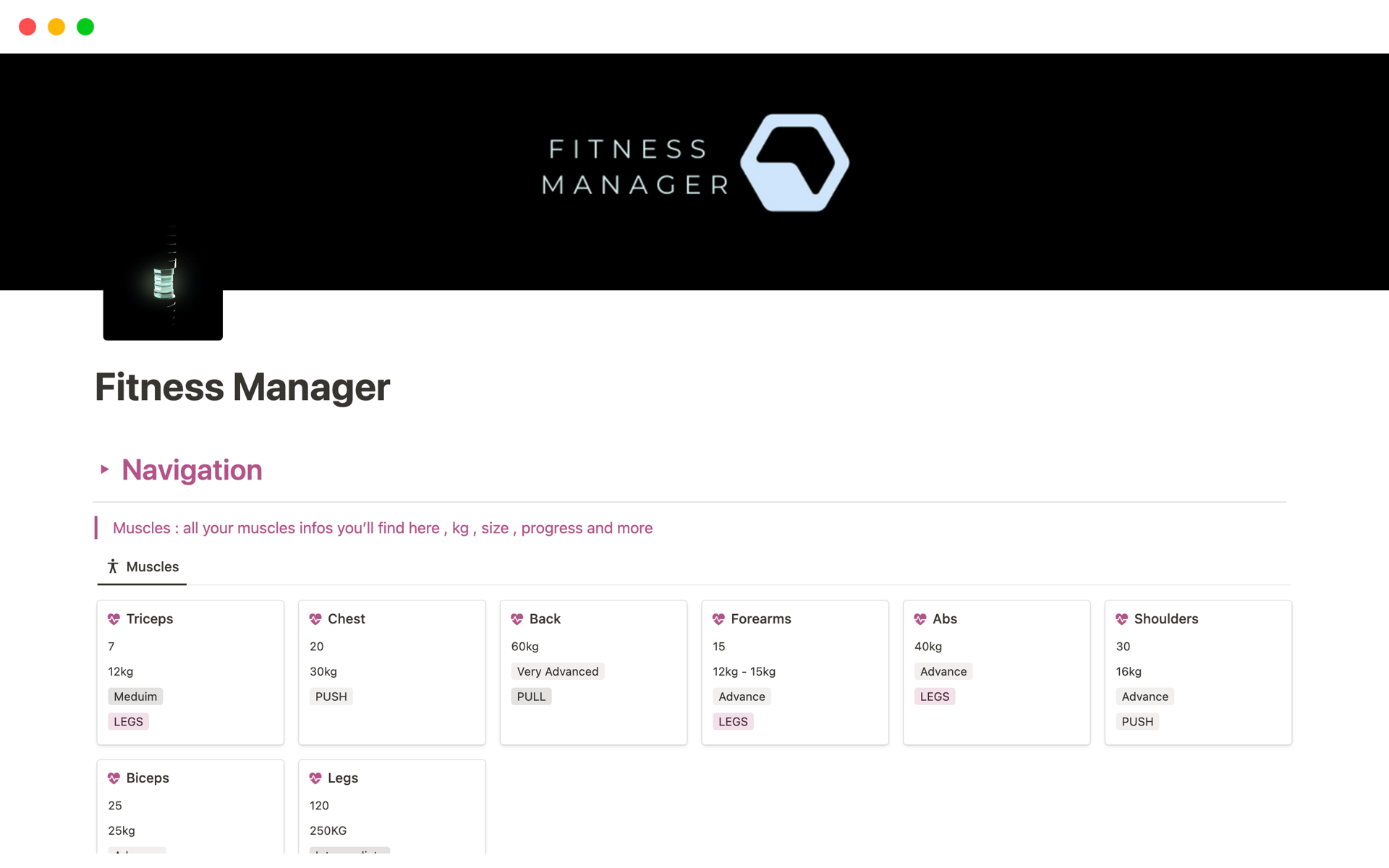 A template preview for Fitness Manager