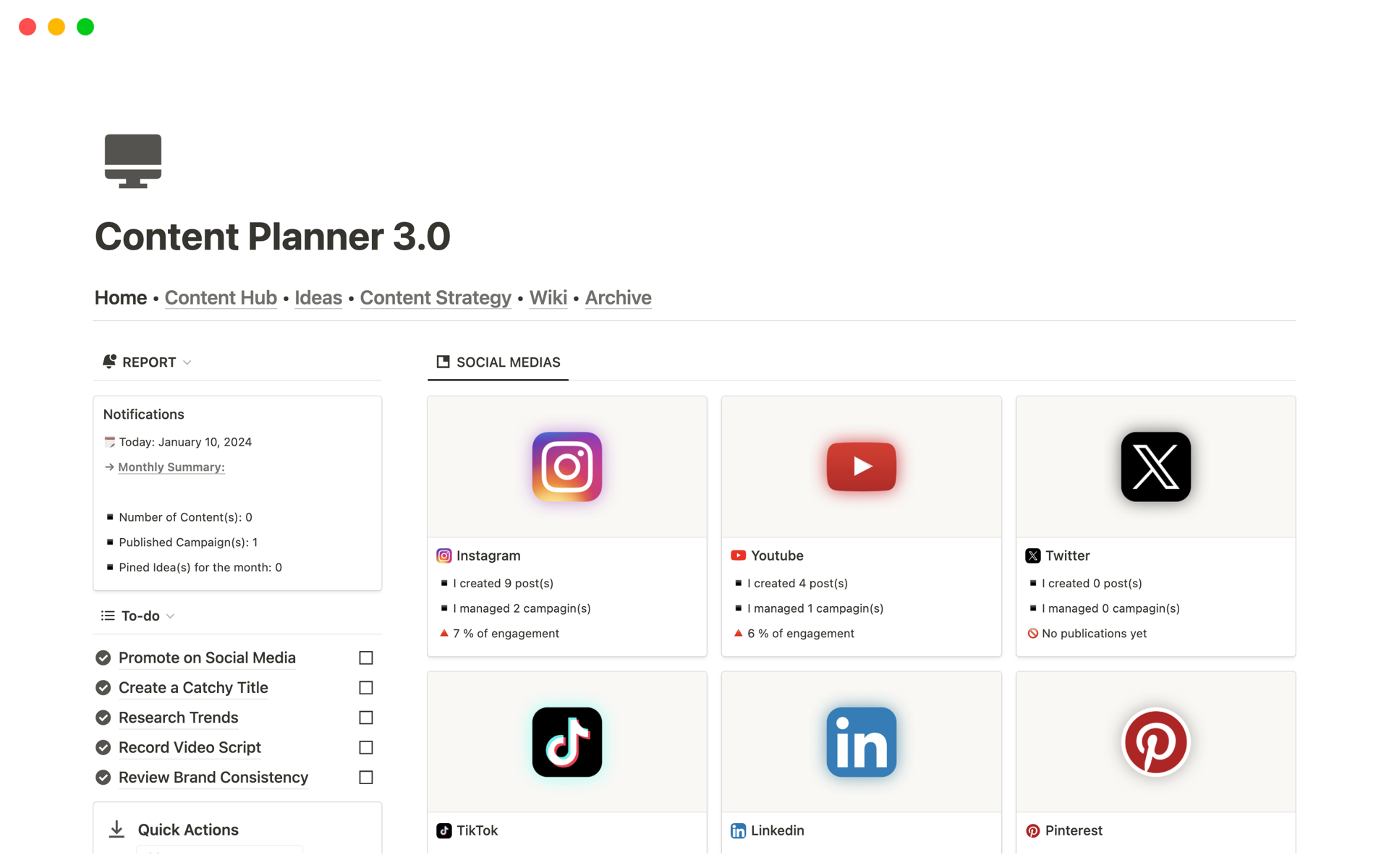 Vista previa de plantilla para Content Planner 3.0