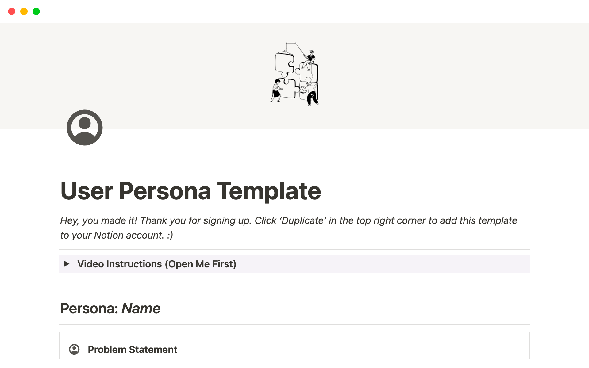 A template preview for User Persona Template