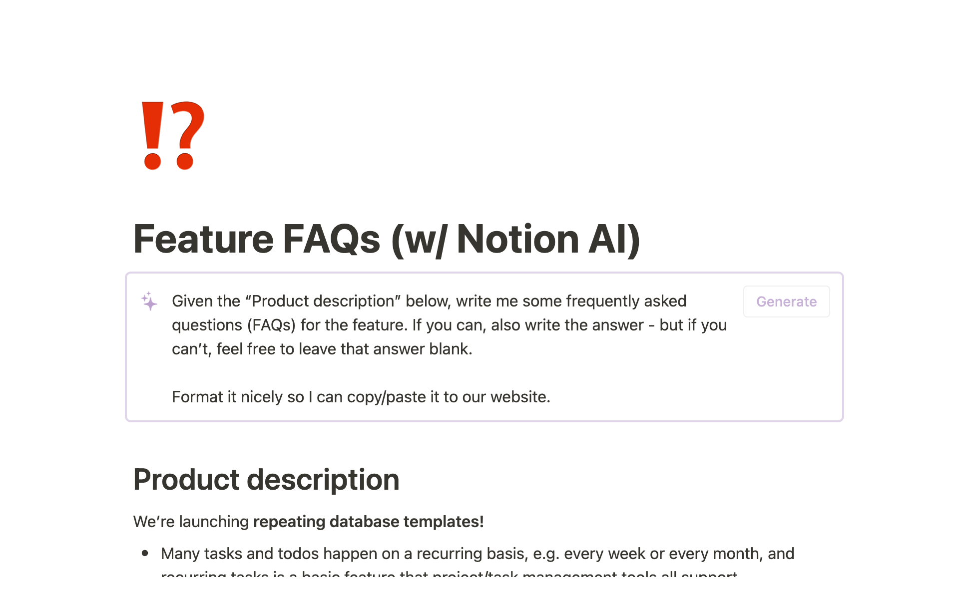 Eine Vorlagenvorschau für Feature FAQs (w/ Notion AI)