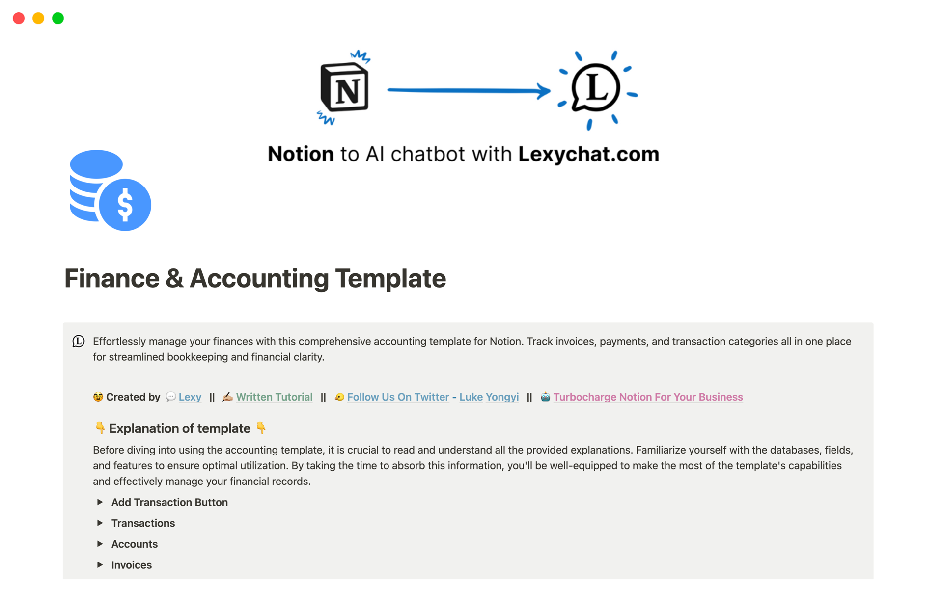 Simplify your financial management and say goodbye to expensive accounting software with the Ultimate Accounting, Bookkeeping, and Finance template for Notion.