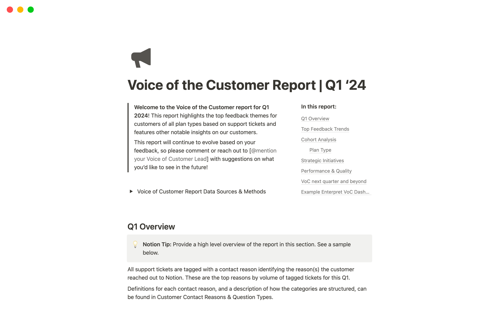 Aperçu du modèle de Voice of Customer Report