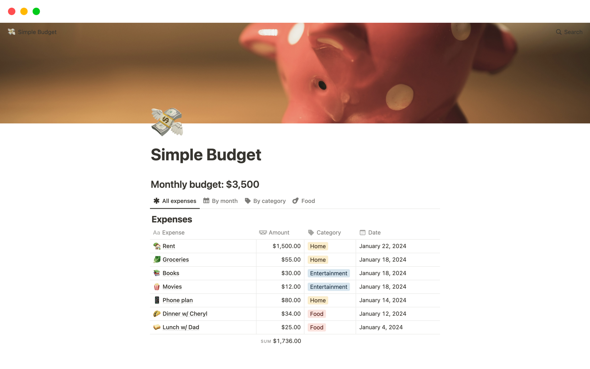 Track your spending to reach your financial goals. Set a monthly cap for your spending, then enter your expenses in the database below. View your expenses in different ways using different database views.