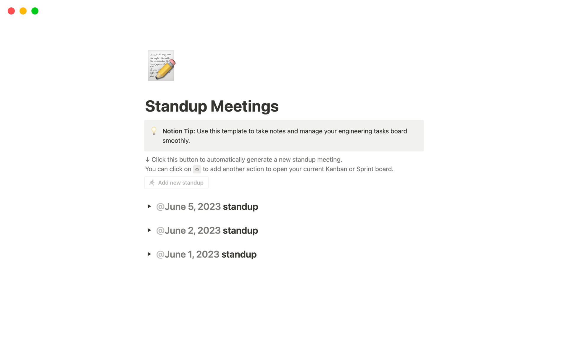 Erstelle und organisiere ganz leicht deine Stand-Up-Meeting-Notizen mit unserer Vorlage für Stand-Up-Meetings. 