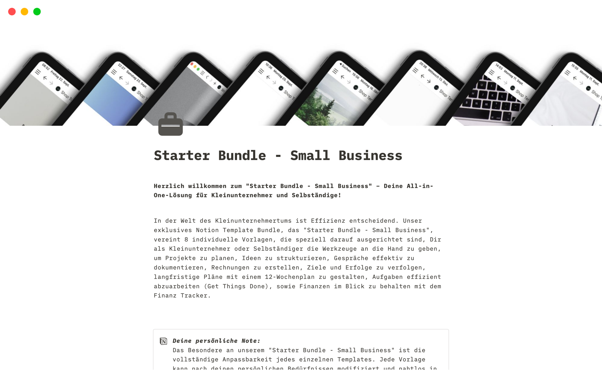 The “Starter Bundle – Small Business” brings together 8 individual templates that are specifically designed to give small business owners and self-employed people the tools to plan their projects and structure ideas.