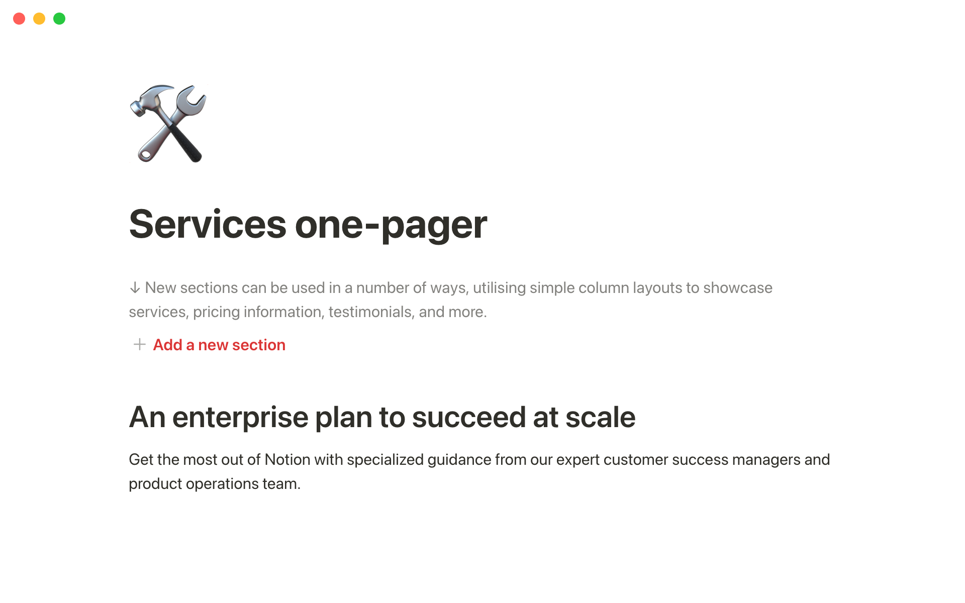 Notion's sales one-pager: Services overviewのテンプレートのプレビュー