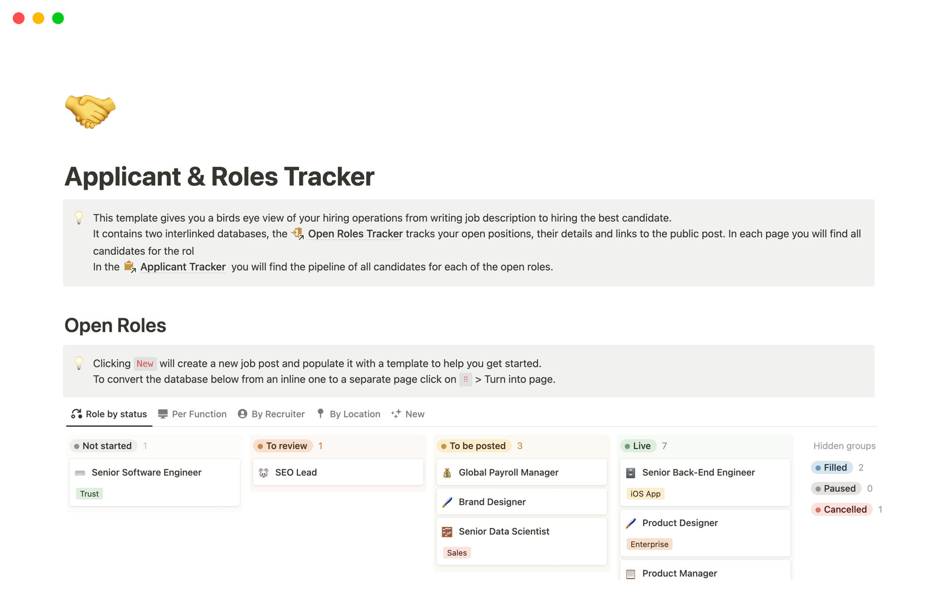 Eine Vorlagenvorschau für Applicant & Roles Tracker
