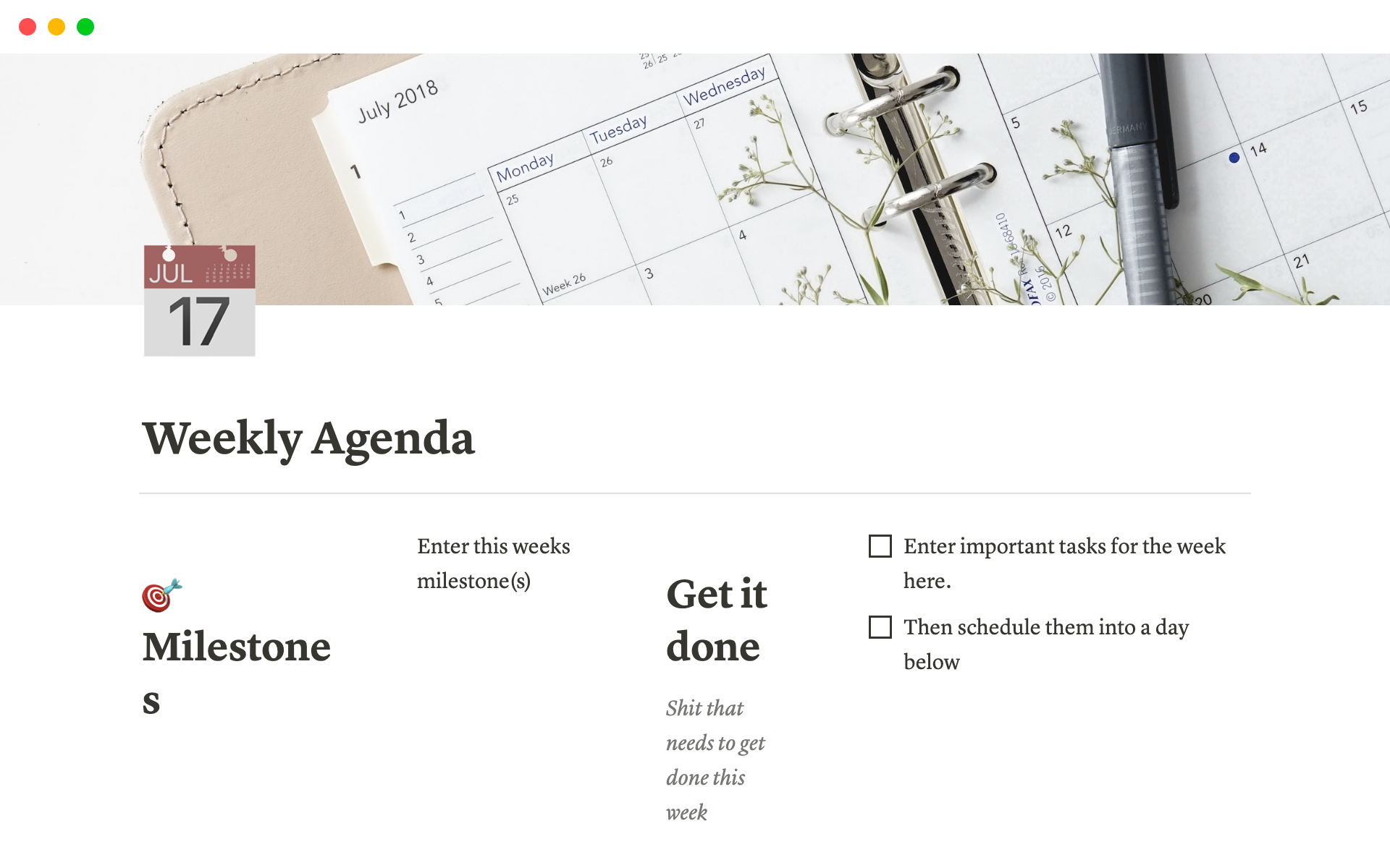 Our Weekly Agenda Notion Template can help you take control of your schedule and stay on top of your to-do list.