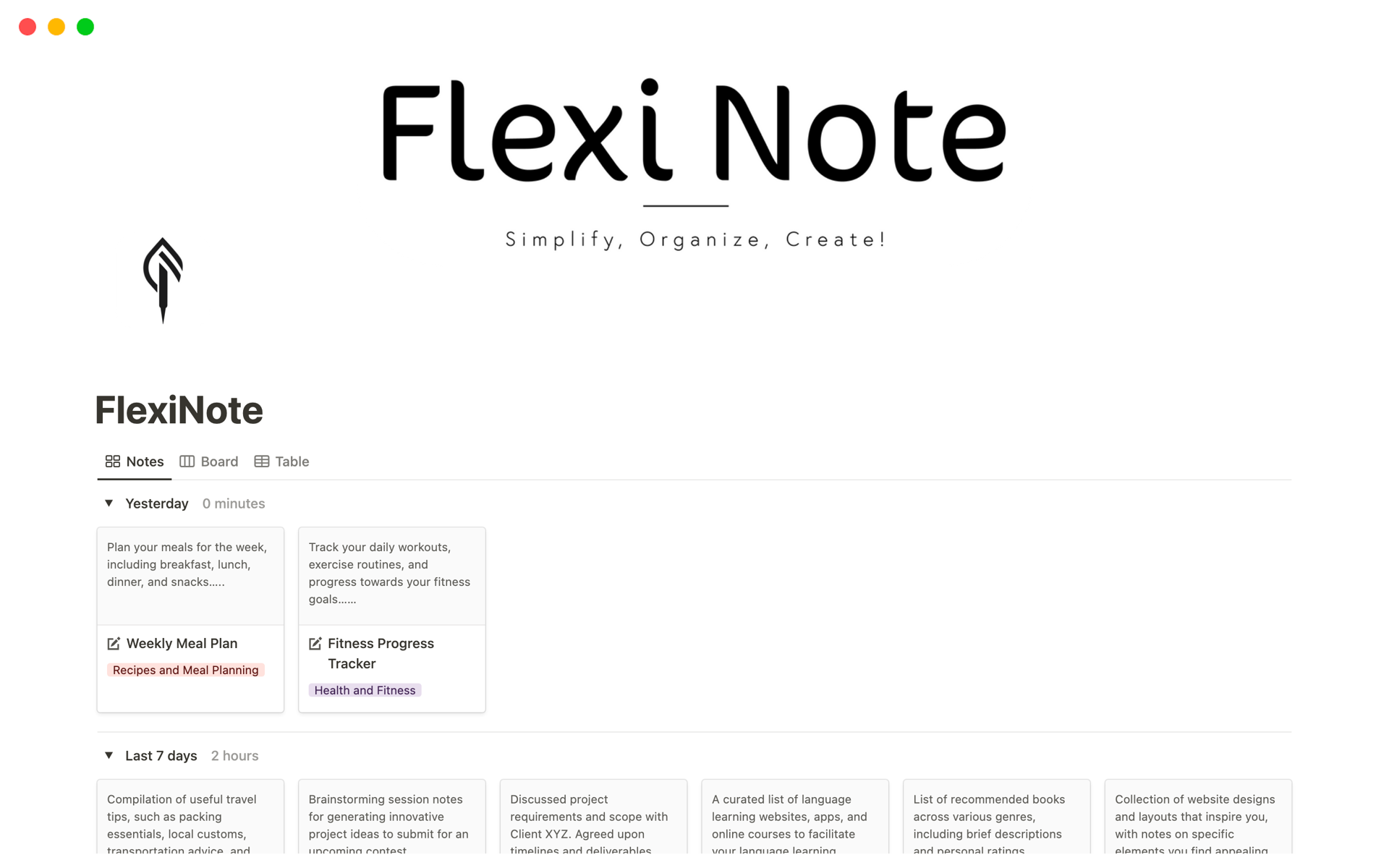 A template preview for FlexiNote