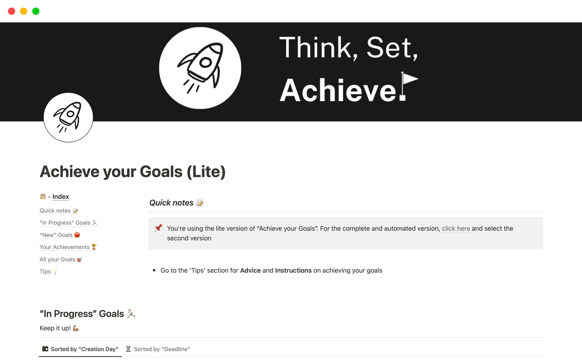 A template preview for Achieve your Goals (Lite)