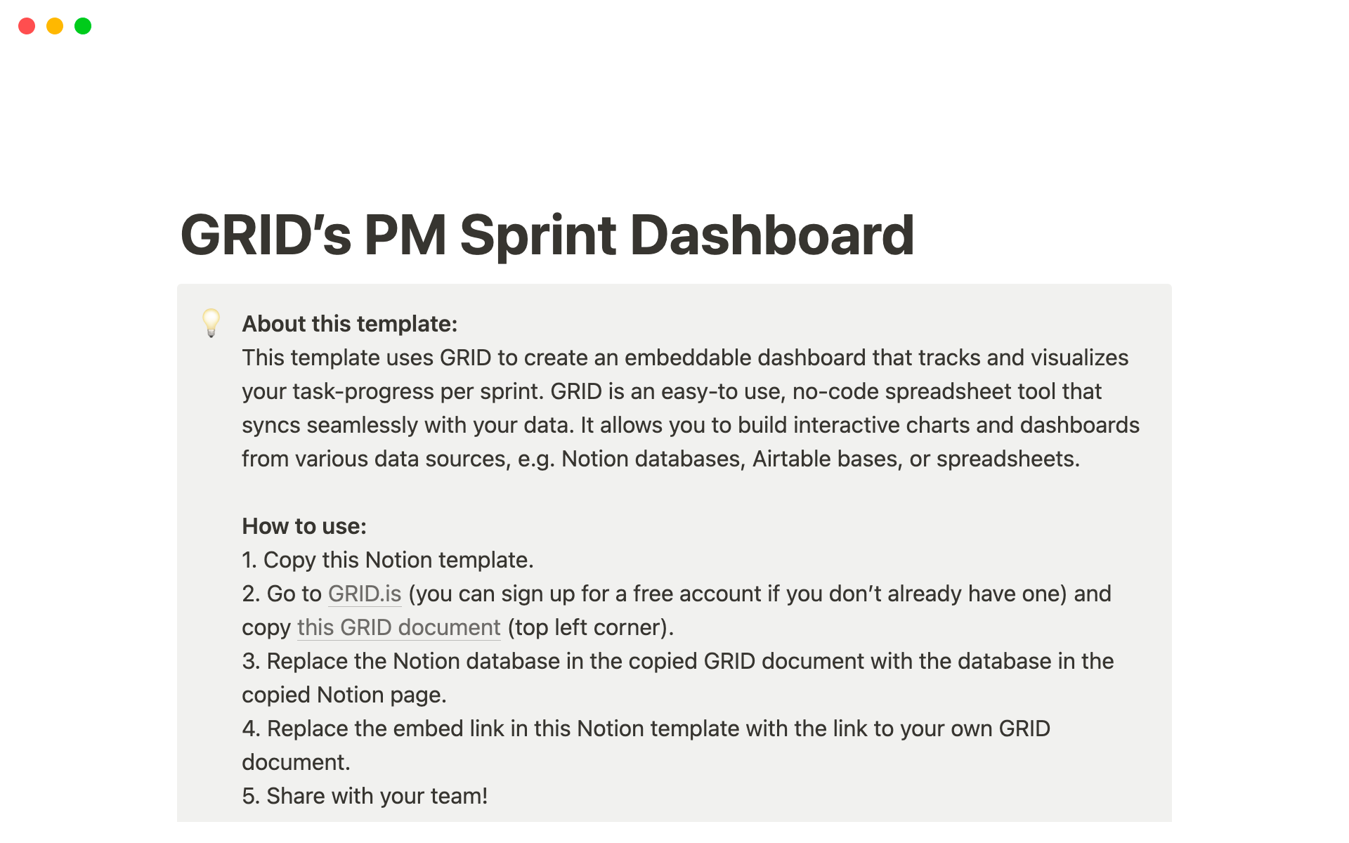 Eine Vorlagenvorschau für GRID's PM Sprint Dashboard