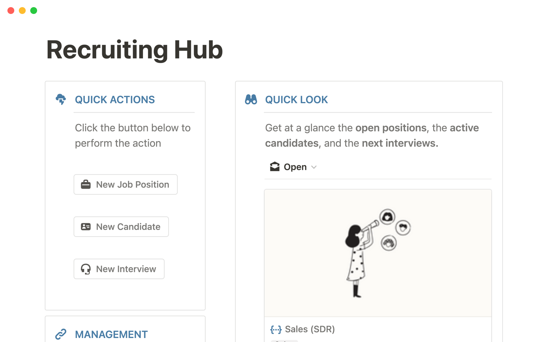 Vista previa de una plantilla para Recruiting Hub (w/ Notion AI)