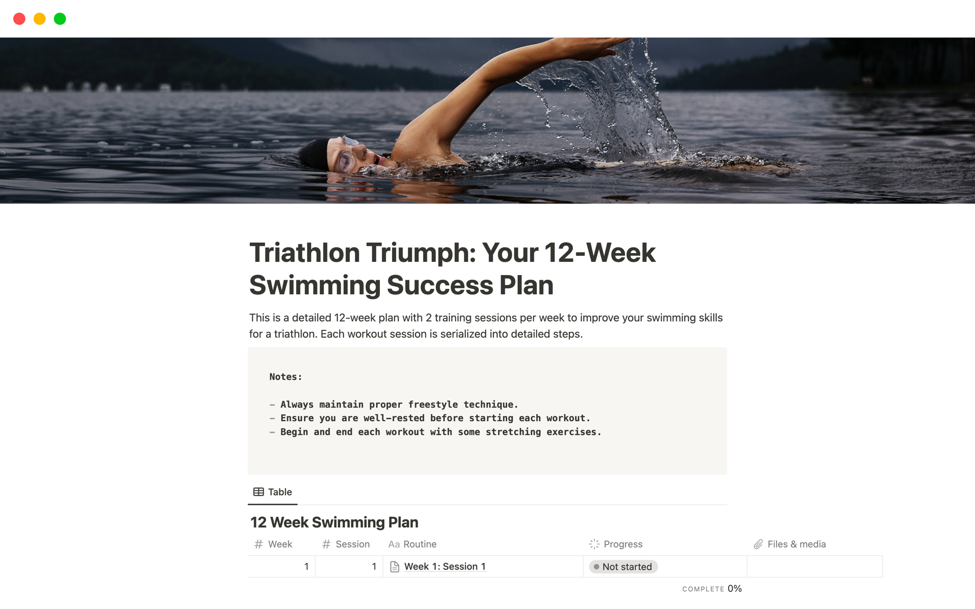 Eine Vorlagenvorschau für Triathlon Triumph: Your 12-Week Swimming Plan
