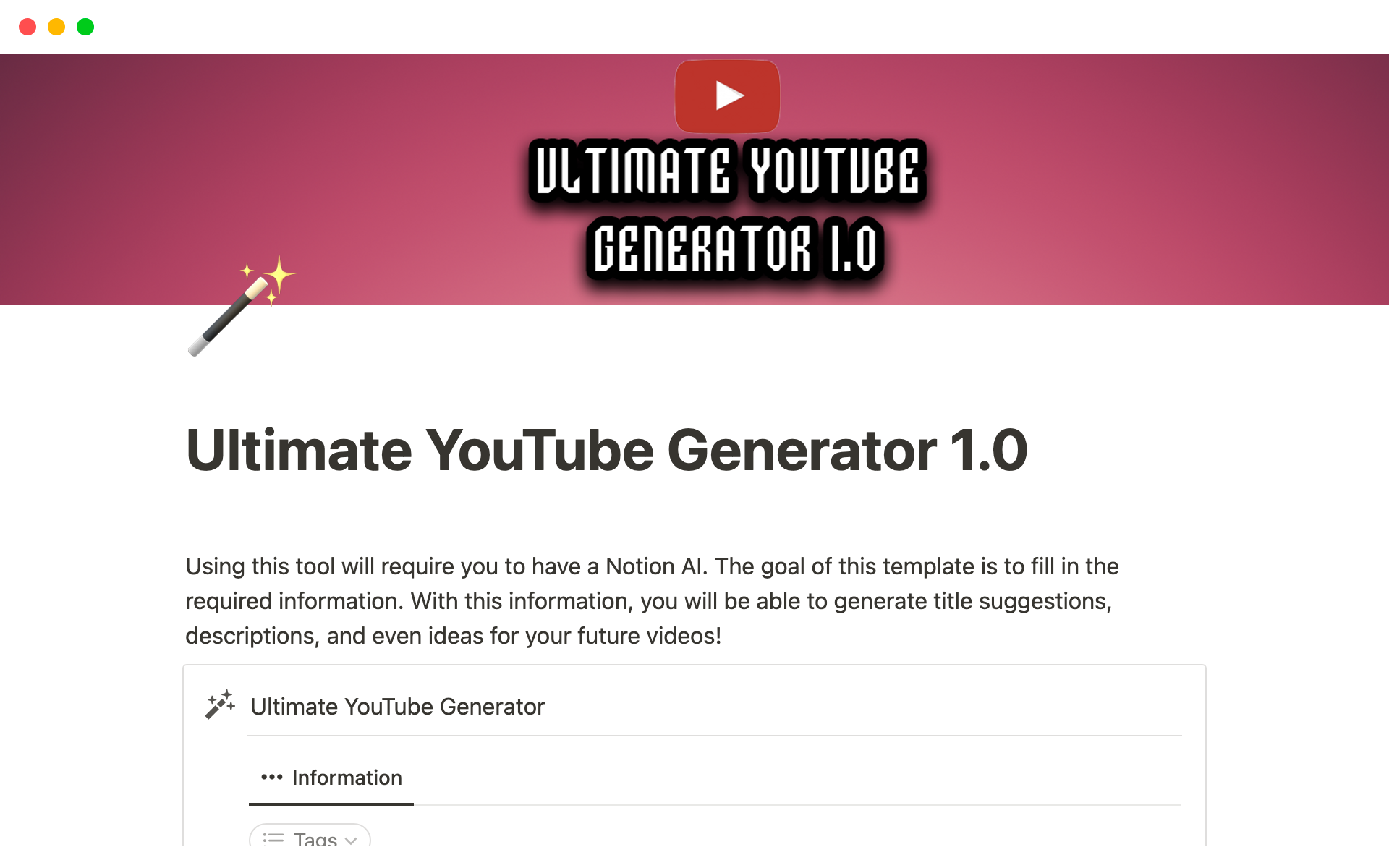 Generate YouTube Titles, Description and Ideas with Notion AI.