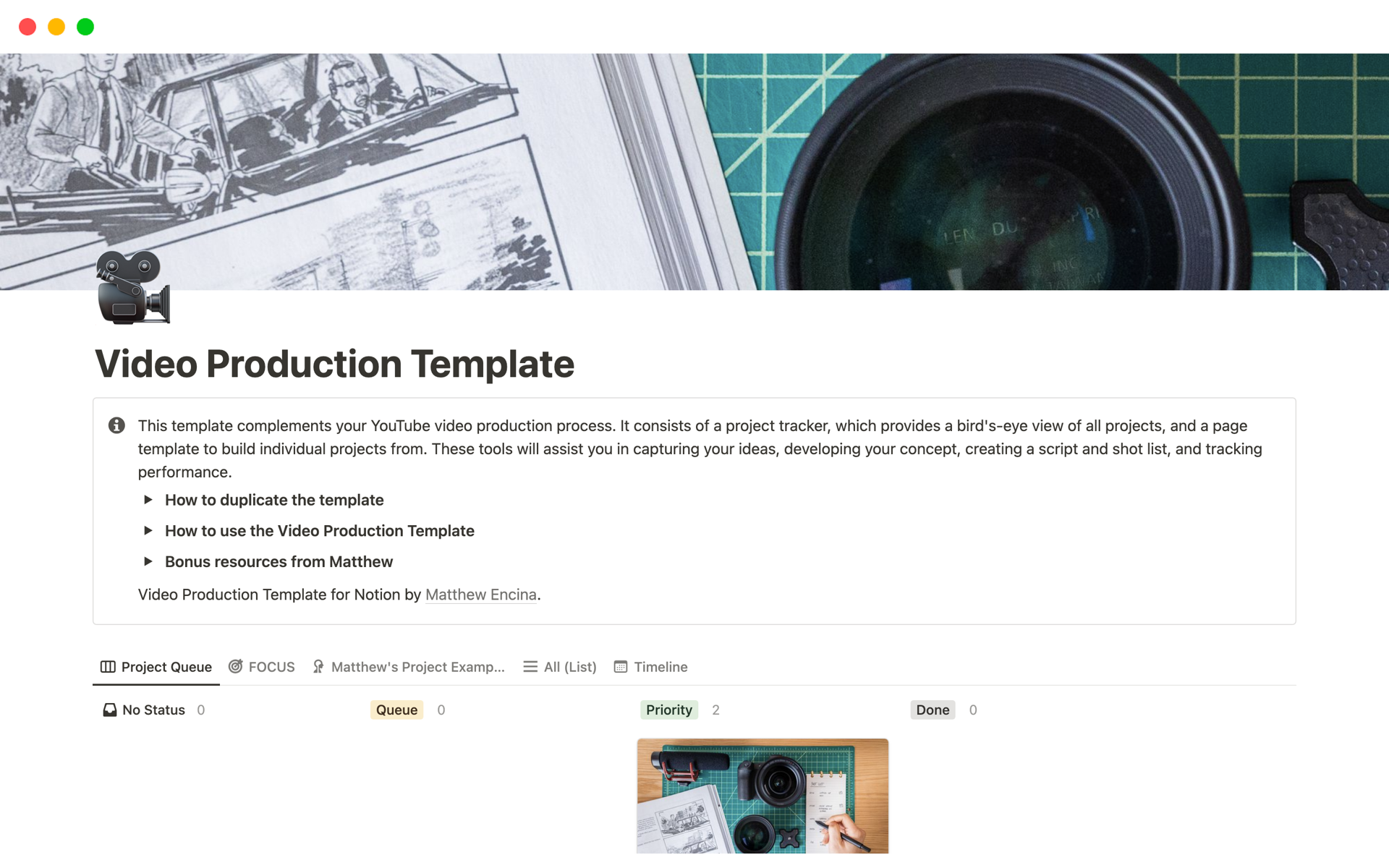The Video Production template is designed for creators who produce long-form content on YouTube and need a comprehensive workflow to develop ideas, plan their production, and track and organize projects. 