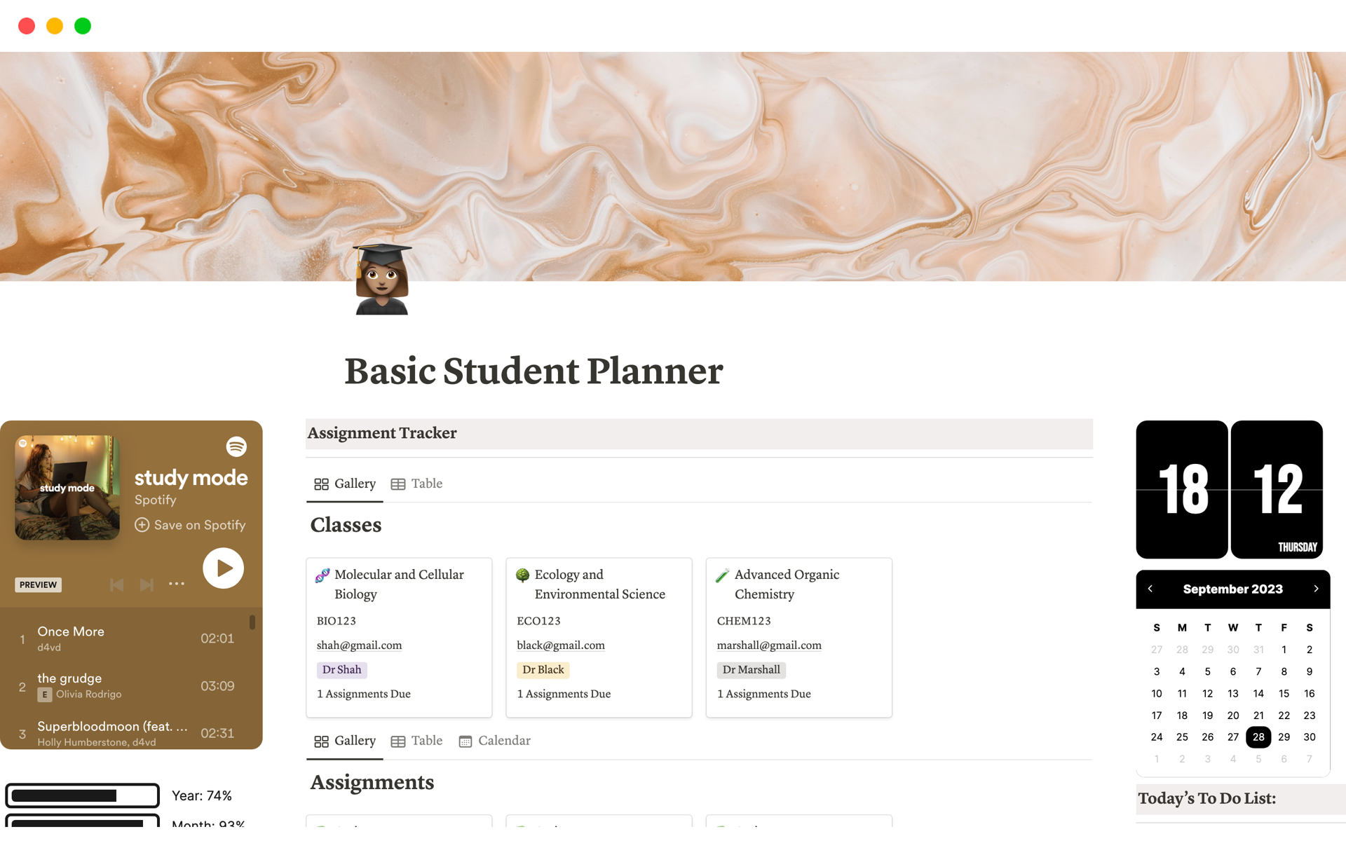 This is a basic student planner Notion template which includes: a classes dashboard, assignment tracker, class notes tracker, key dates and exams tracker and many cute widgets!