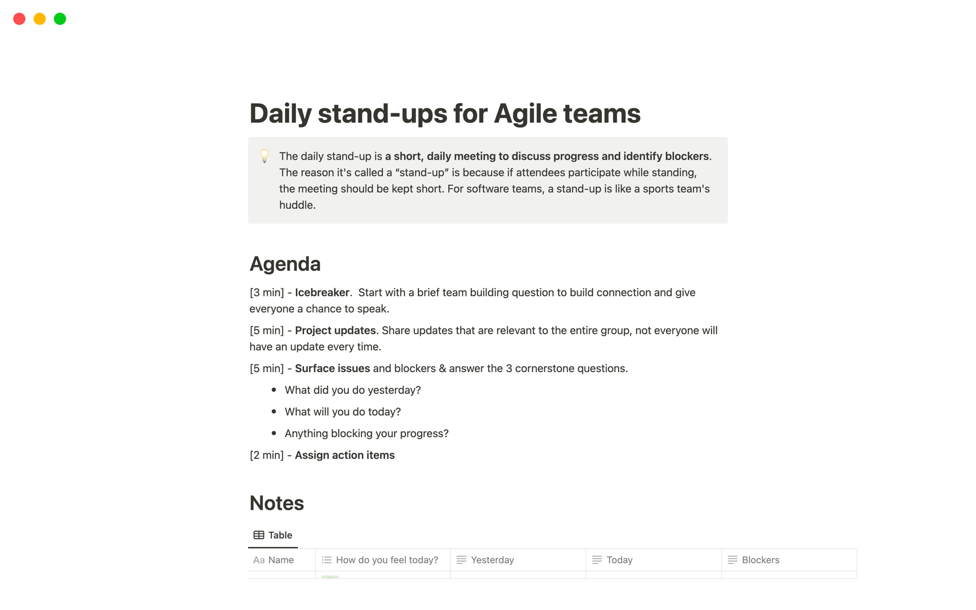 Eine Vorlagenvorschau für Daily for Agile teams
