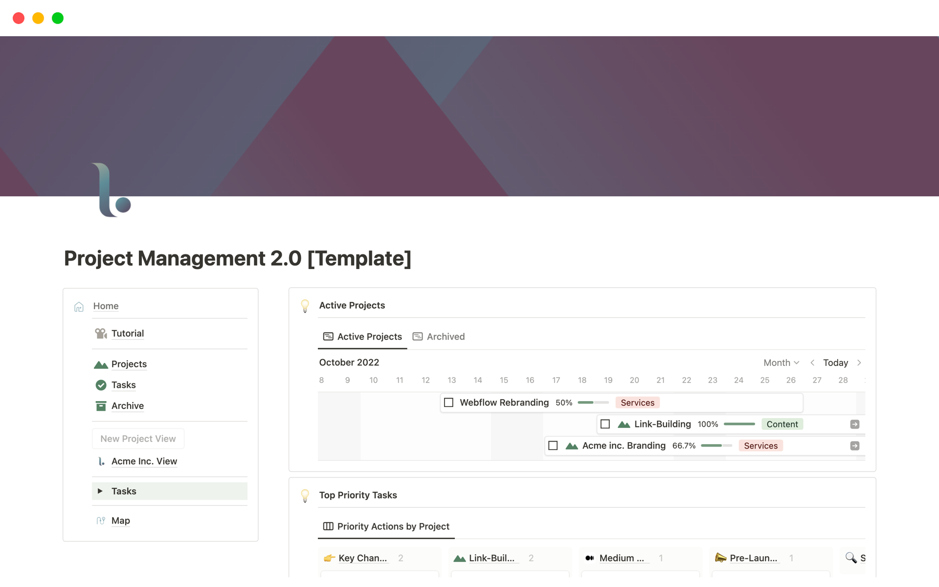 Eine Vorlagenvorschau für Project Management 2.0