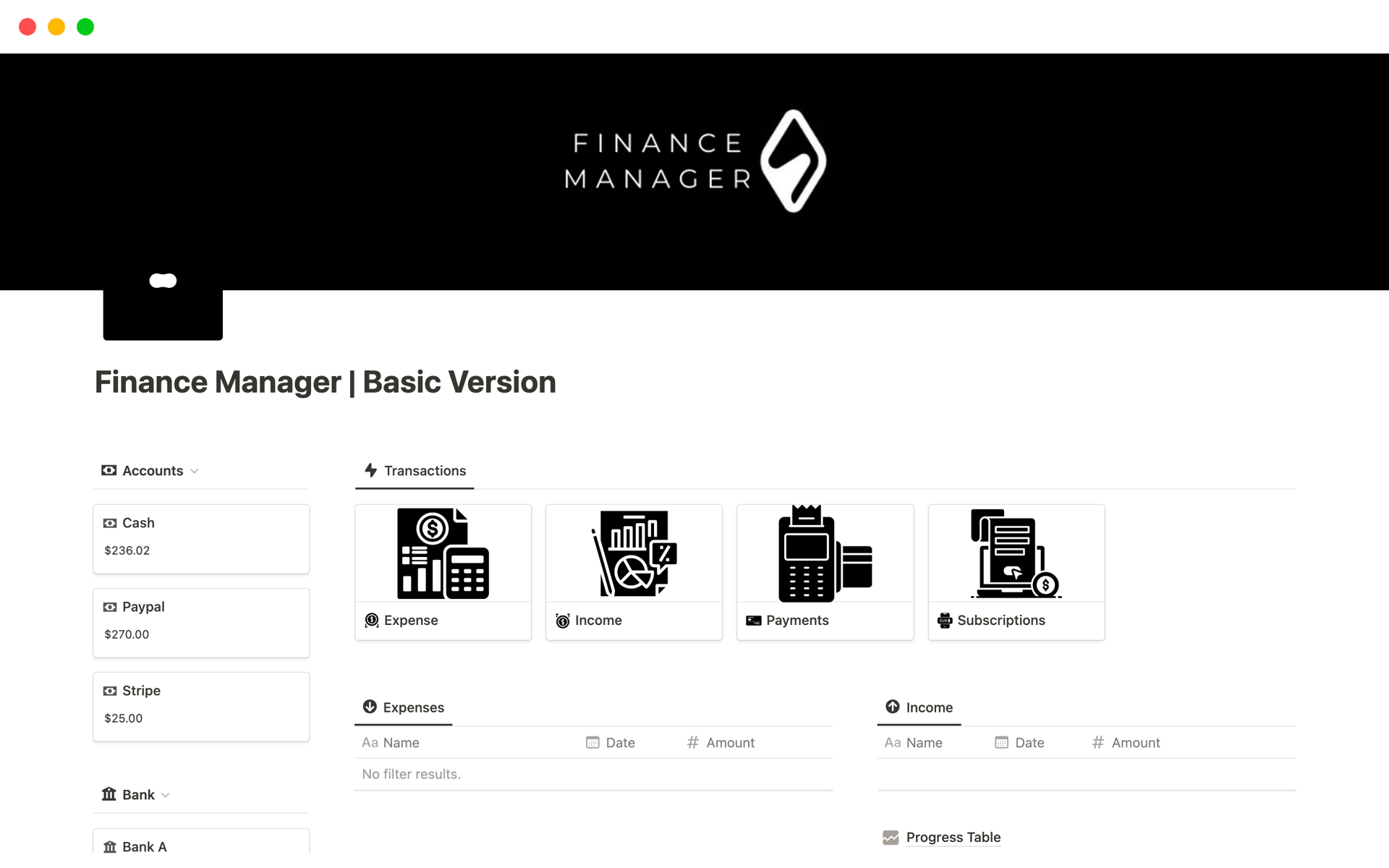 Eine Vorlagenvorschau für Finance Manager | Basic Version
